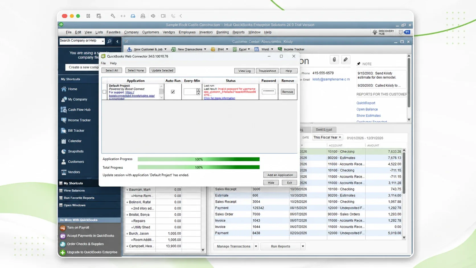Picture of a QuickBooks web connector window open on a desktop
