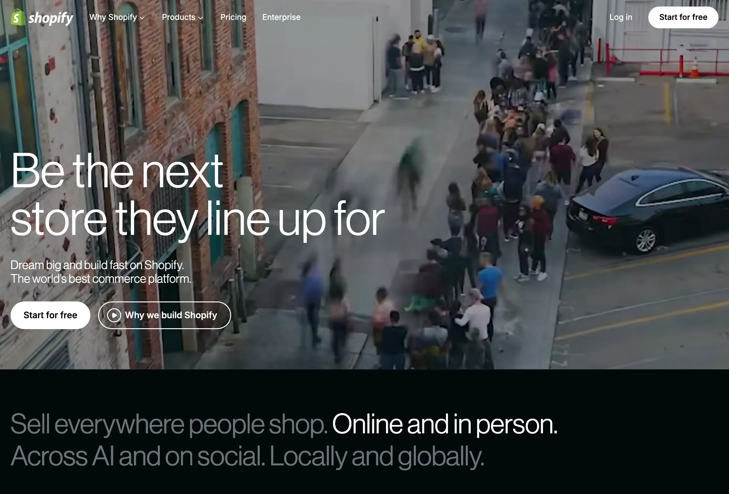 Picture of a Shopify homepage interface with a crowded street background