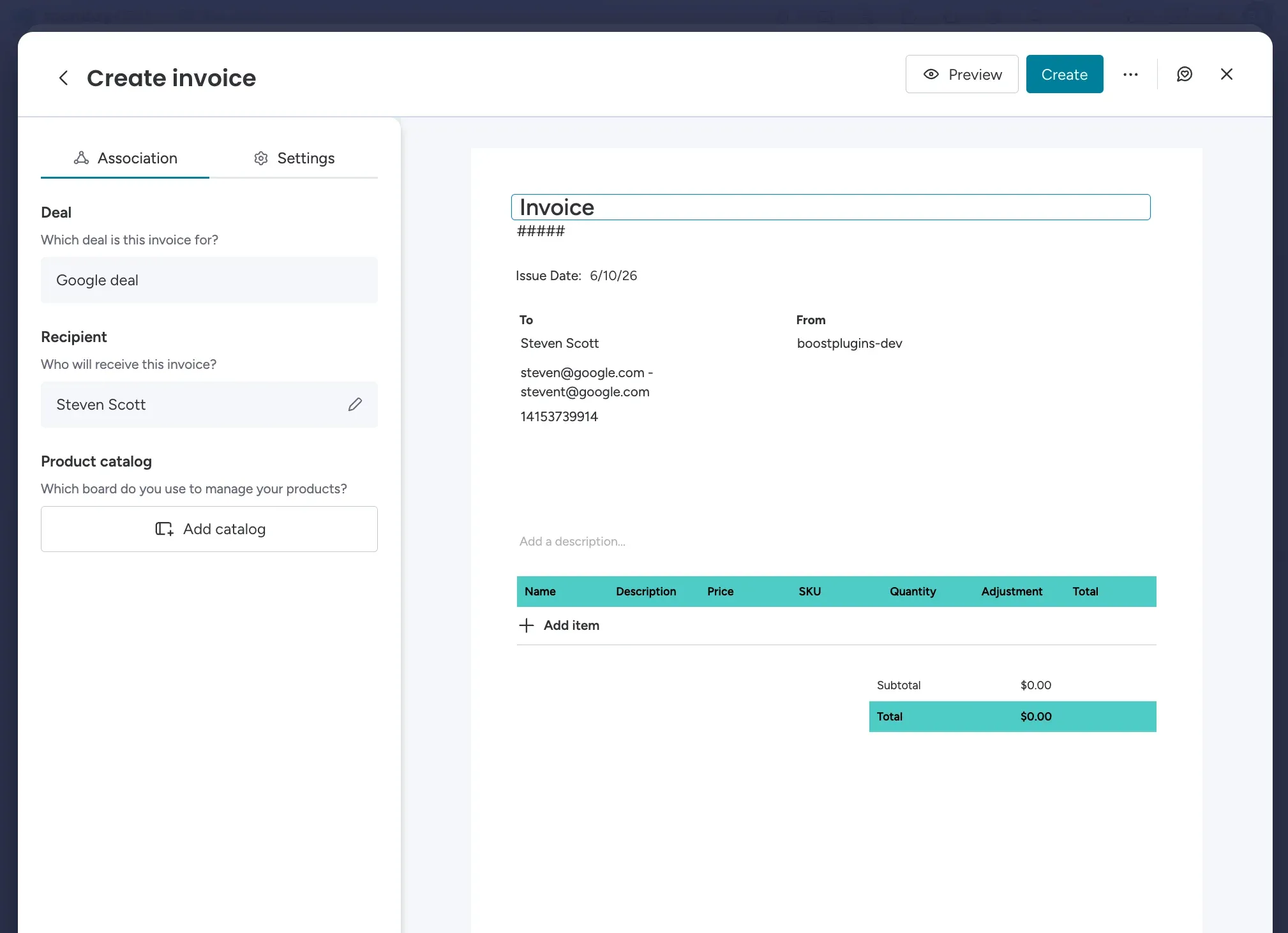 Picture of a create invoice screen inside the CRM interface