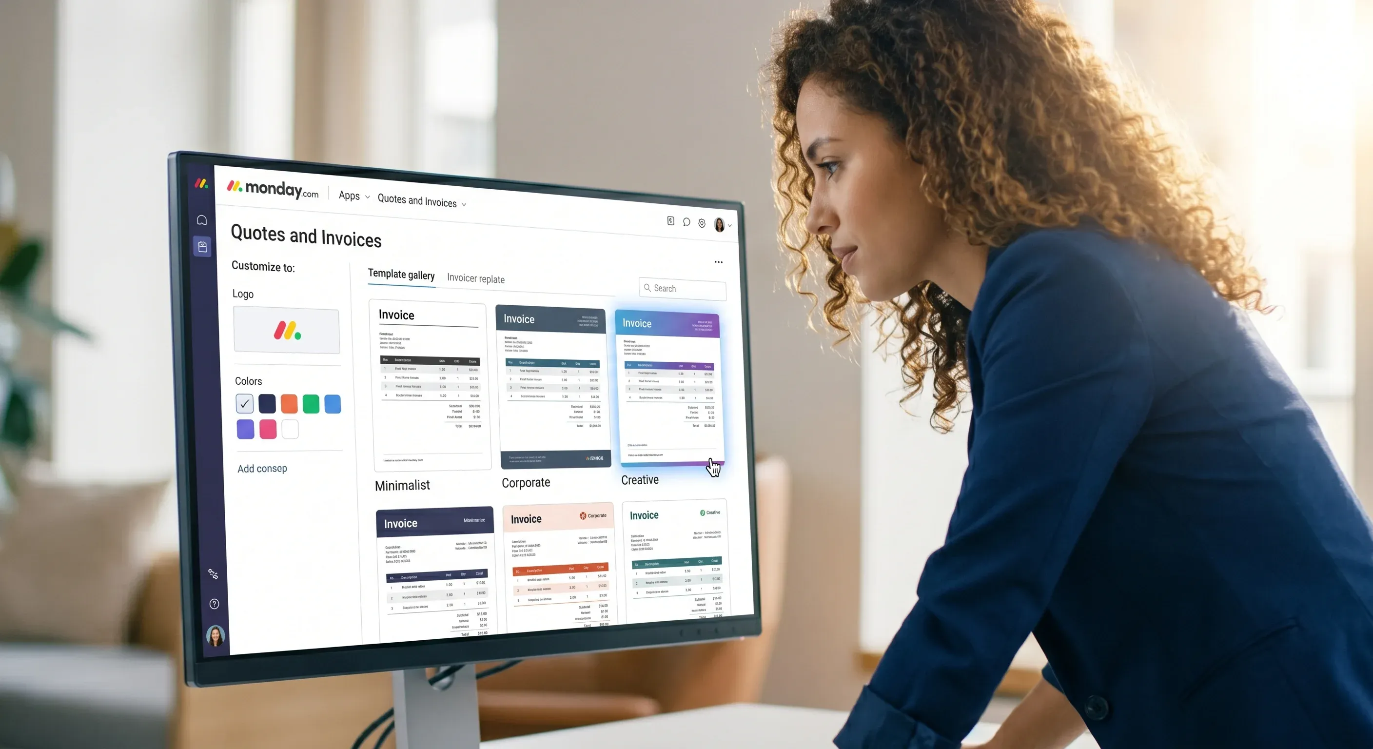 Picture of a woman looking at the quotes and invoices template gallery