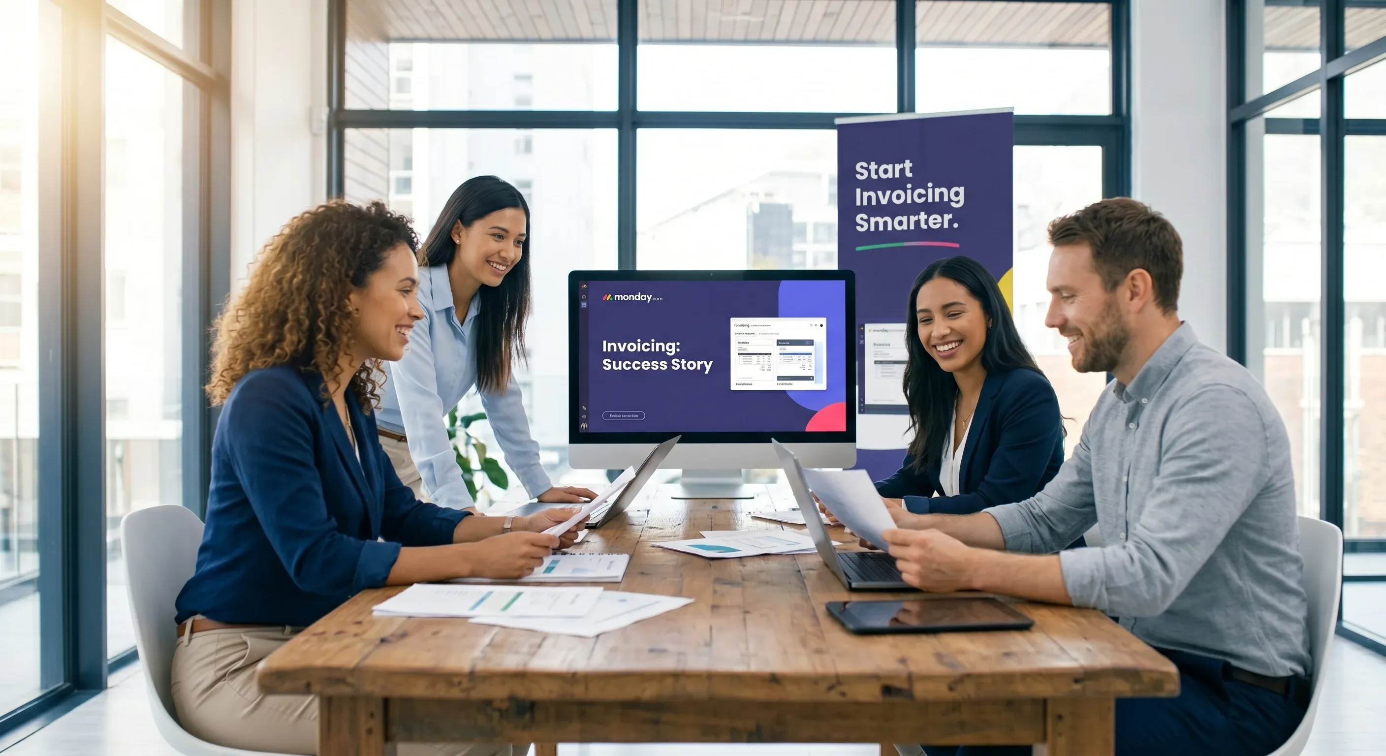 Picture of four colleagues sitting around a table reviewing documents