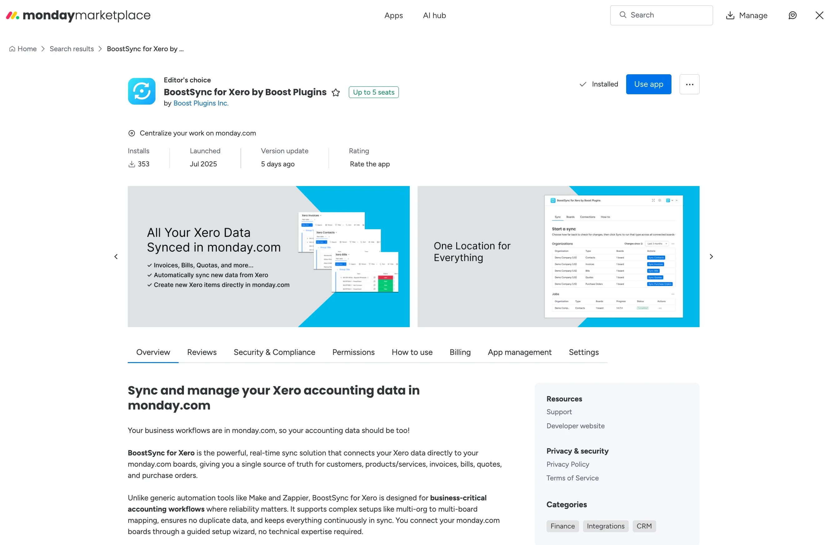 Picture of the monday.com apps marketplace interface for BoostSync