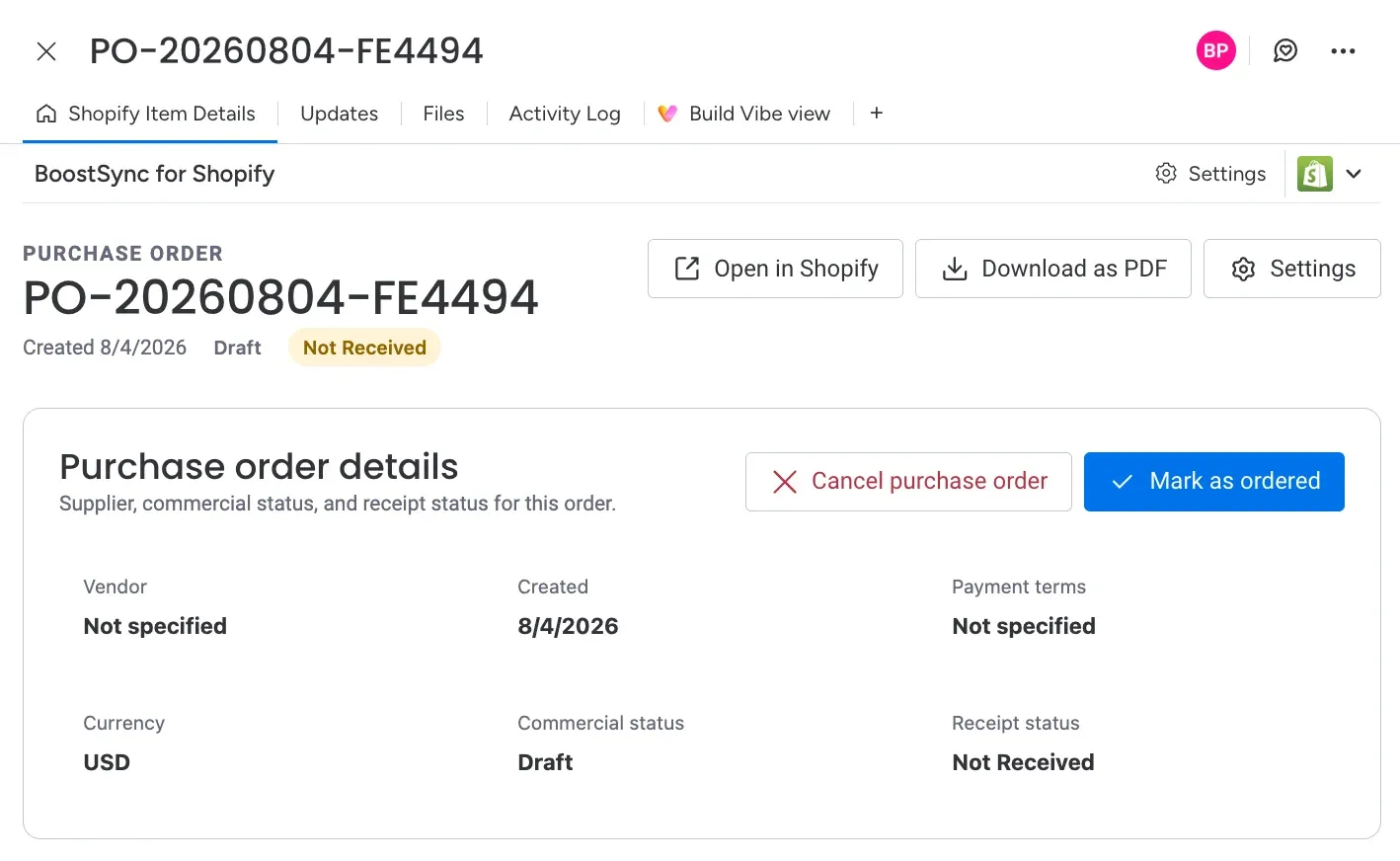 Purchase order delivery