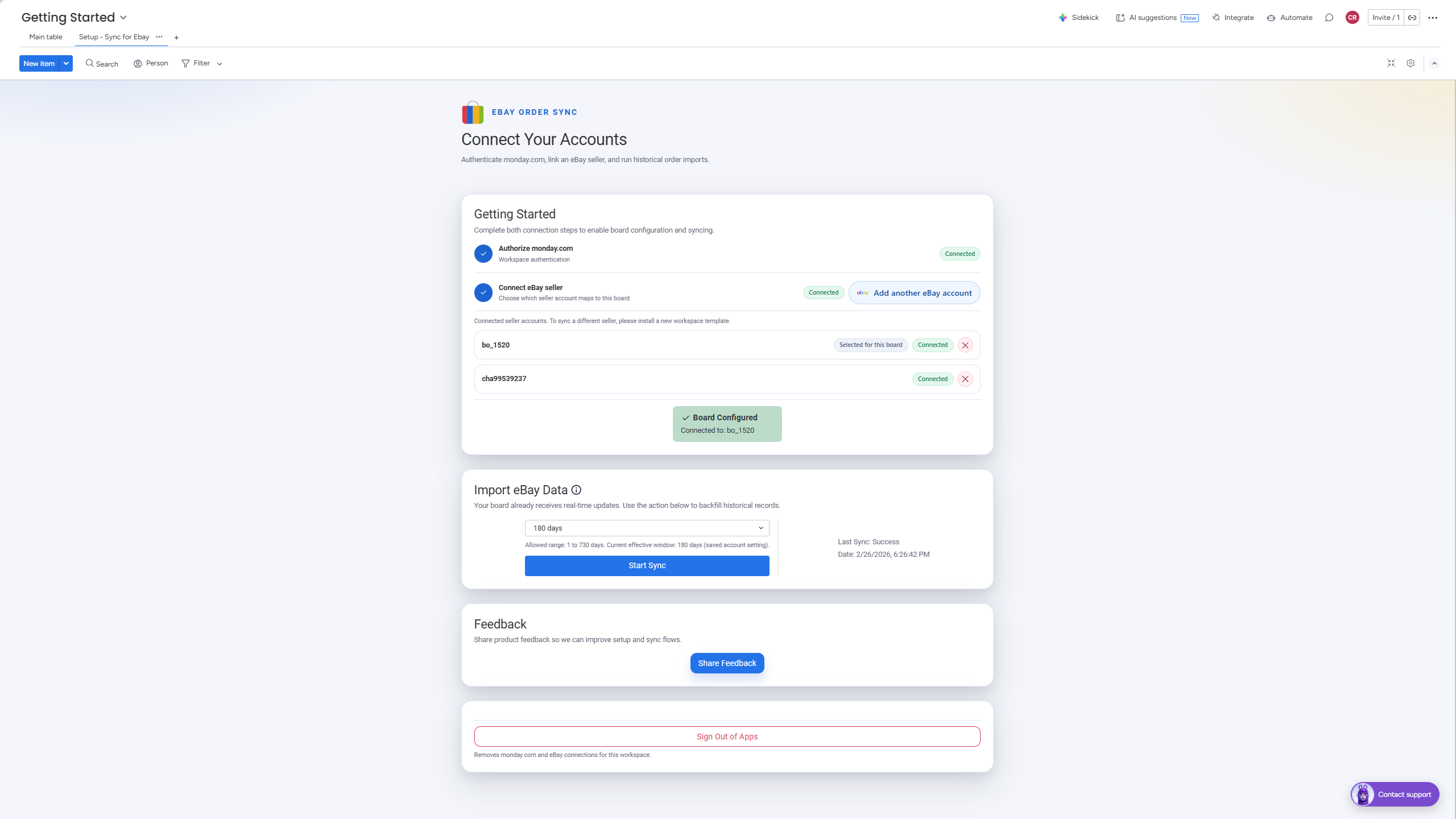 Setup screen for eBay Order Sync in monday.com showing sync initiation