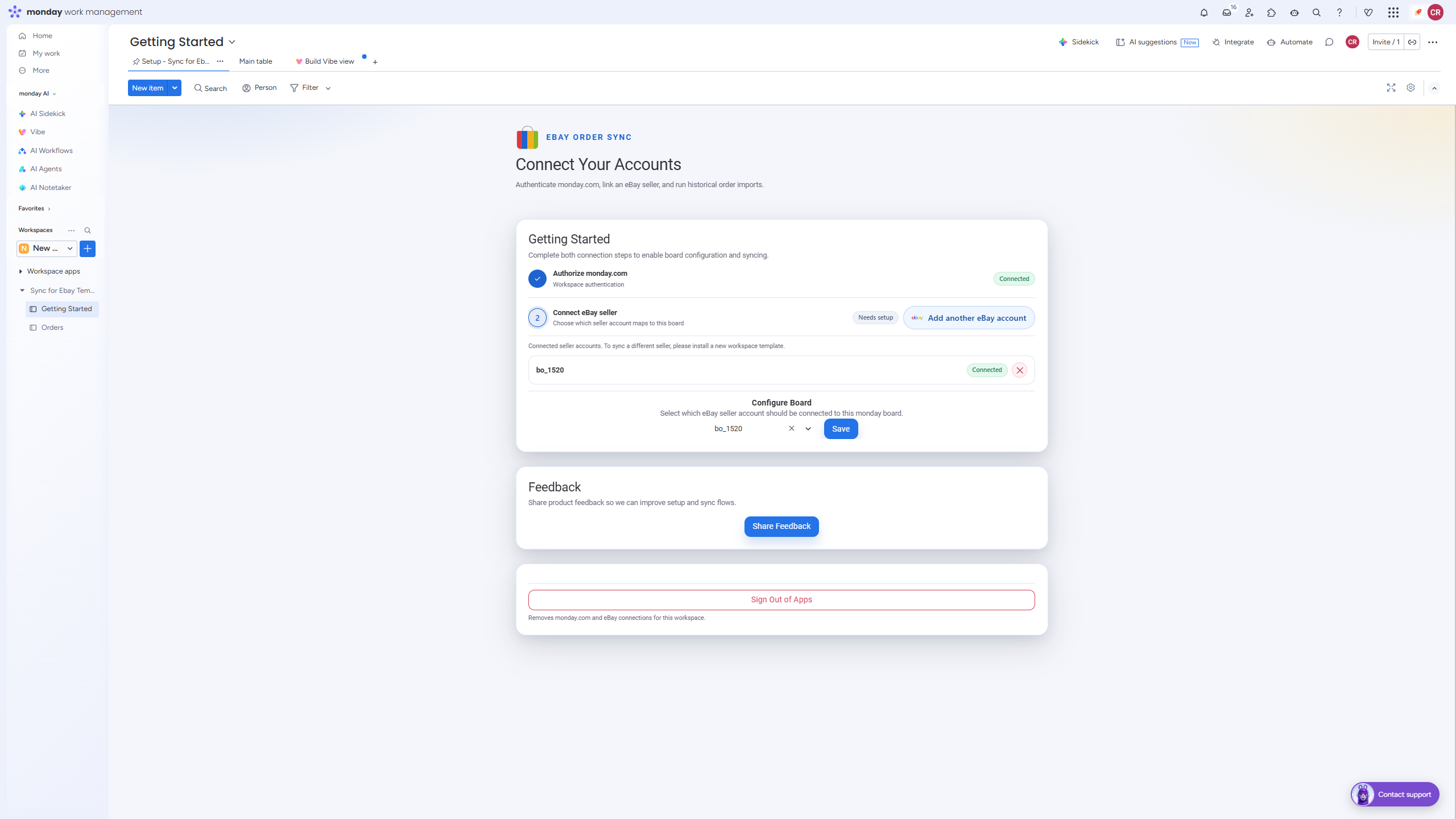 Setup screen for eBay Order Sync in monday.com showing connected monday.com and eBay account(s), and option for eBay seller selection
