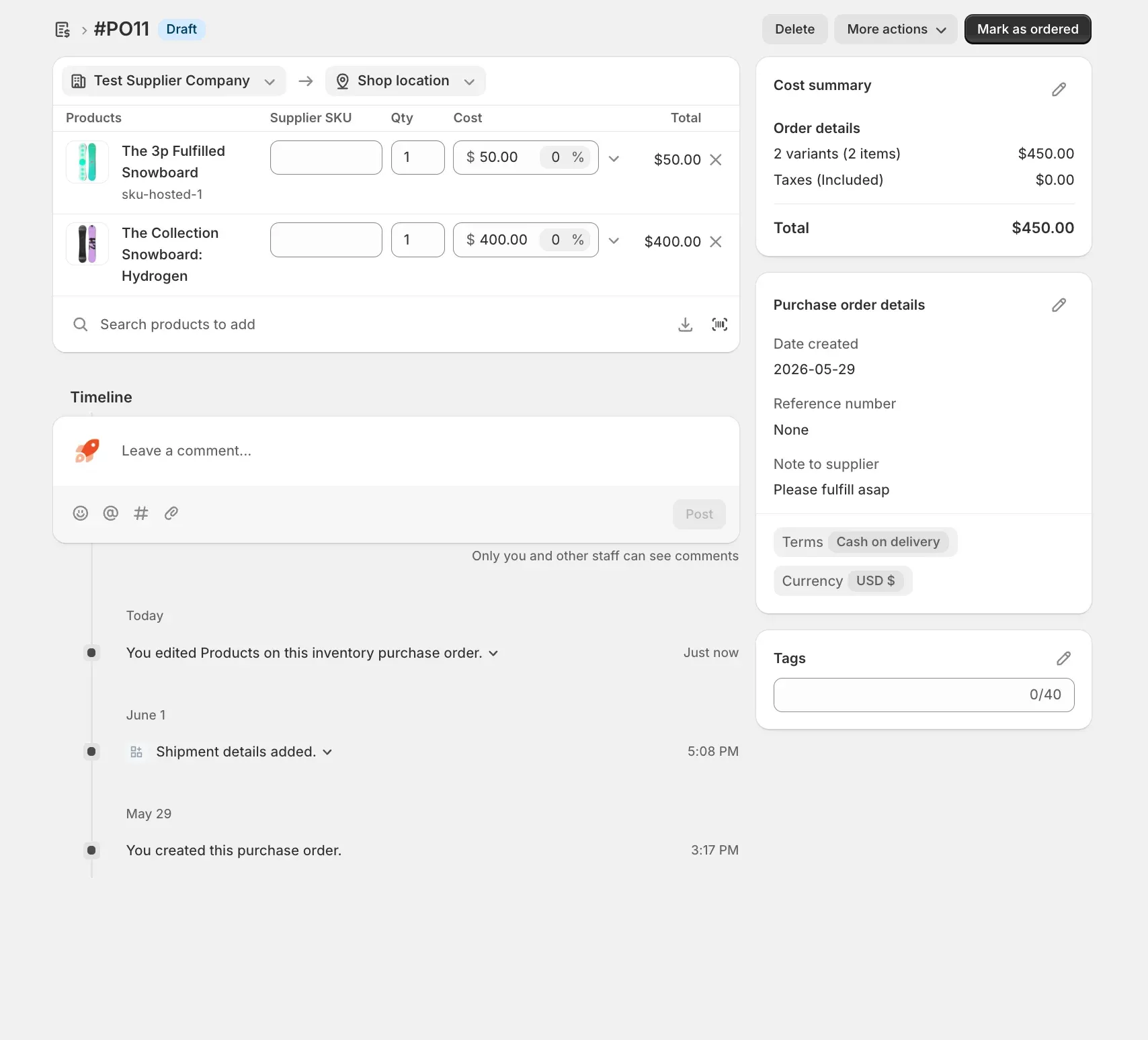 Shopify UI purchase order