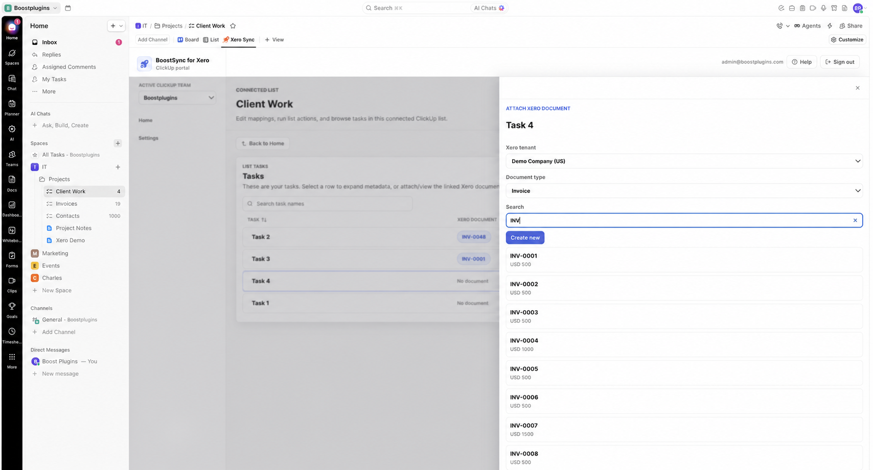 Xero invoice search menu in clickup