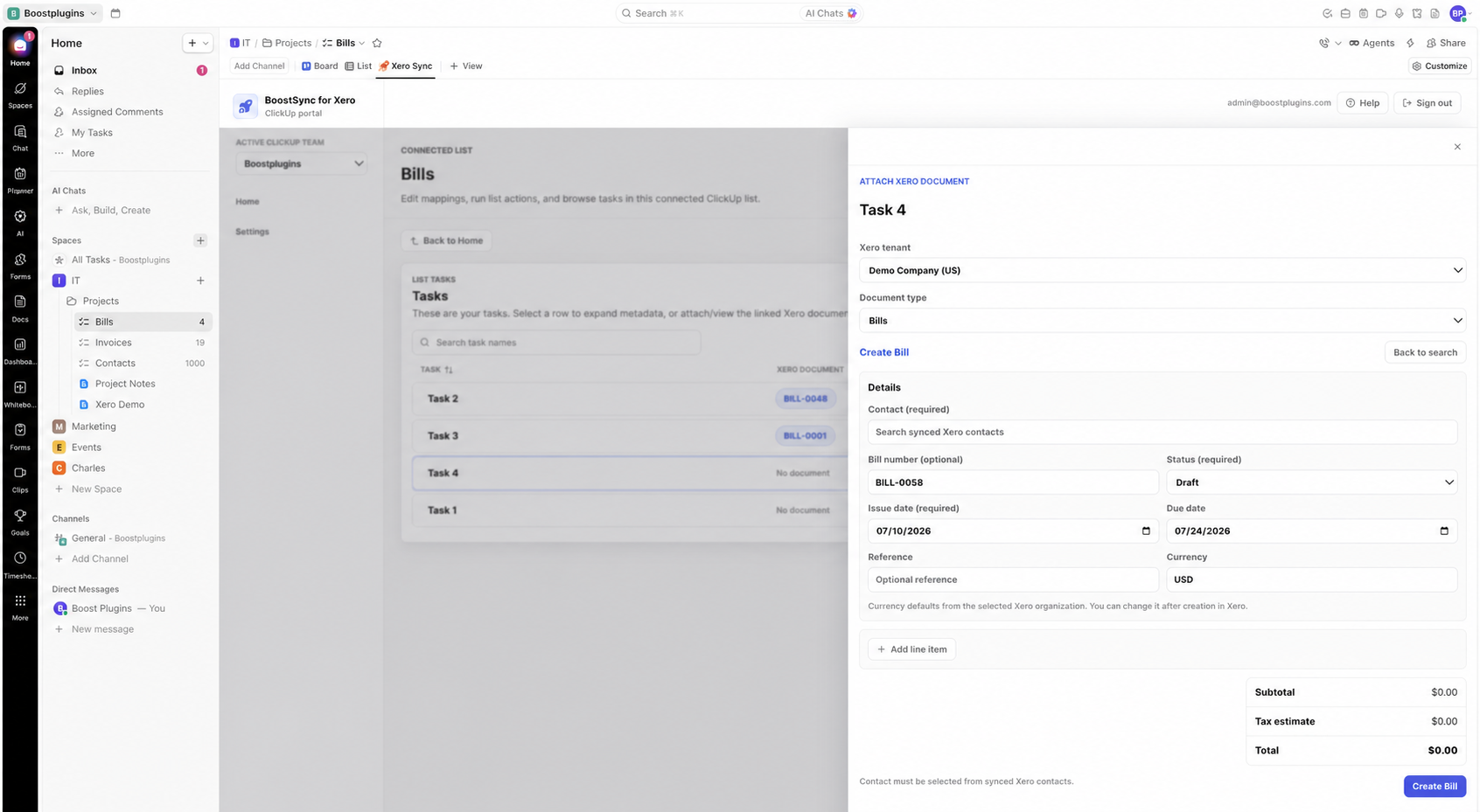 Xero invoice search menu in clickup