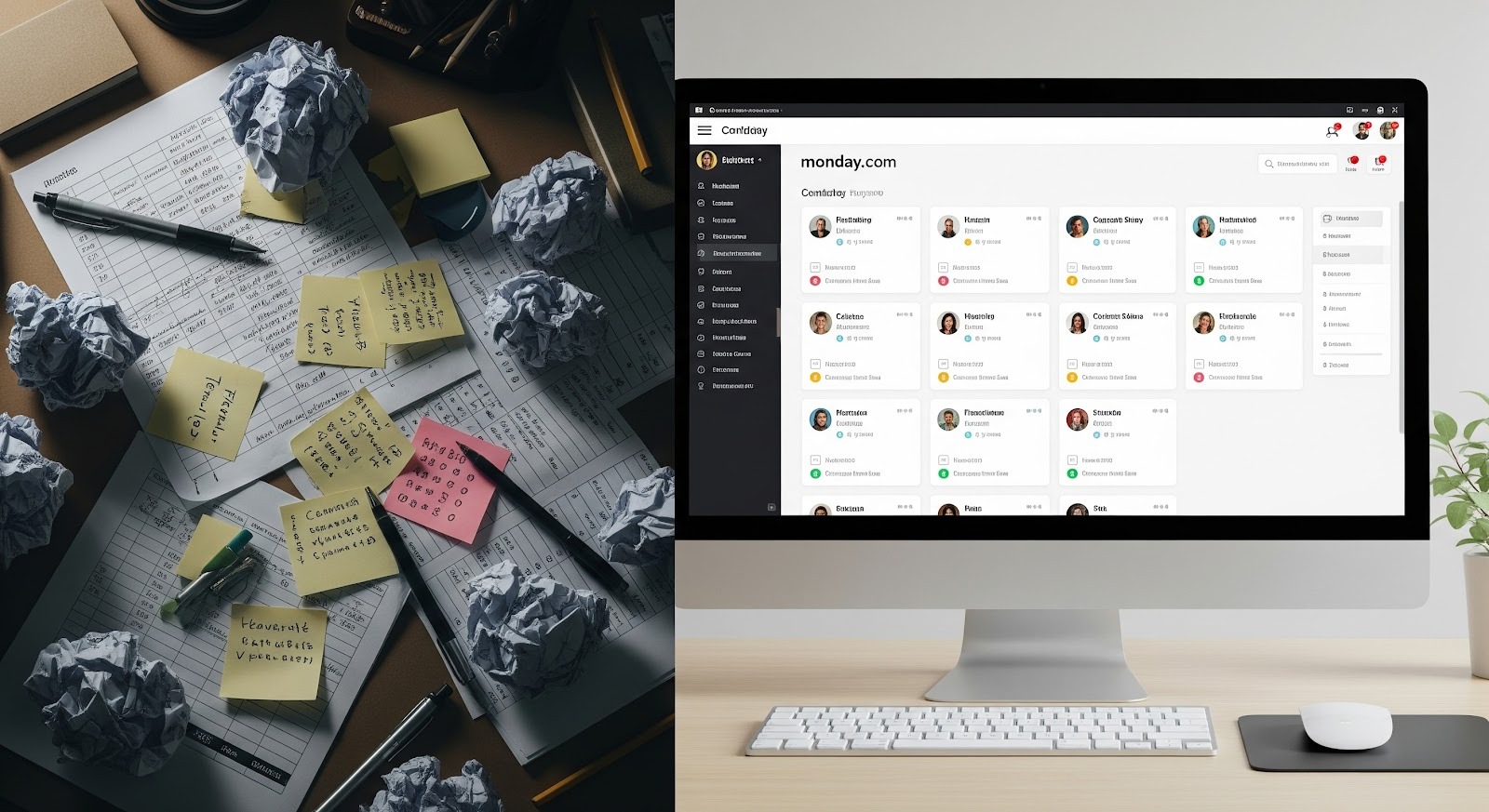 A collage of a before-and-after view showing how importing contacts in Monday.com transforms clutter into clear organization.