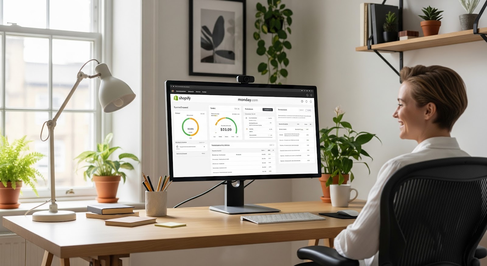 A photo of a clean workspace with a monitor showing synced Shopify and monday.com analytics dashboards.