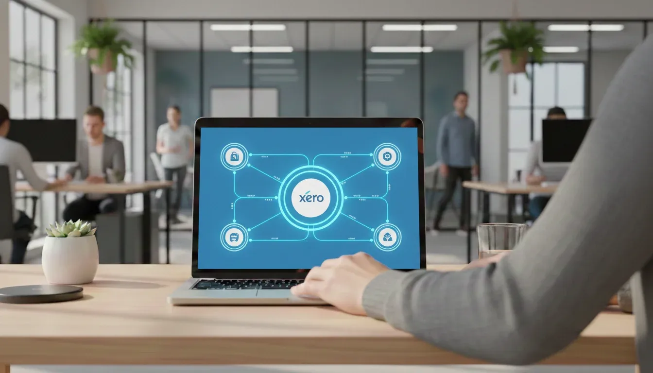 A photo of a laptop displaying an Xero integration dashboard connecting billing systems and financial workflows in a modern office