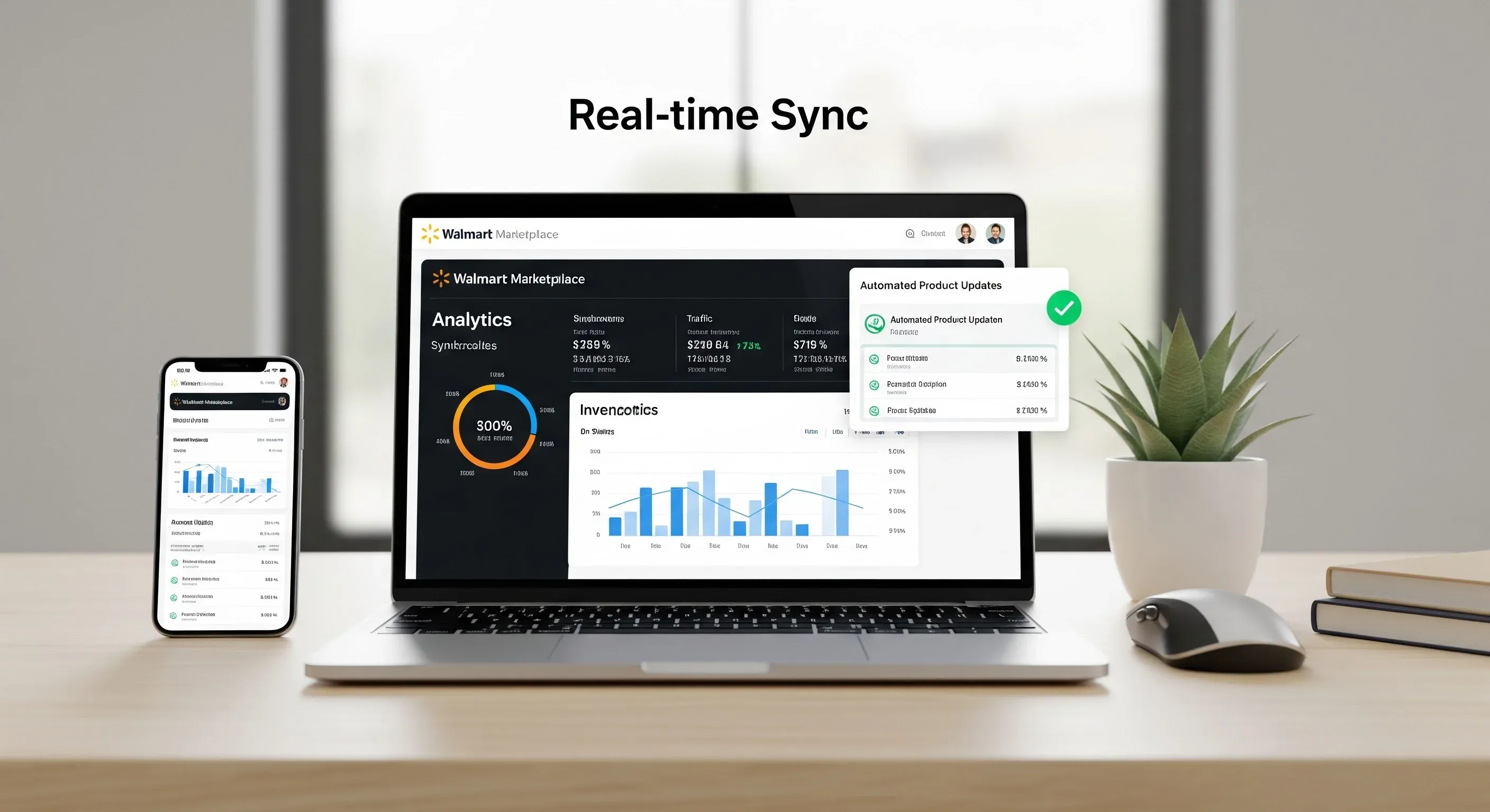 A photo of a laptop displaying Walmart Marketplace real-time sync analytics and automated product update notifications.