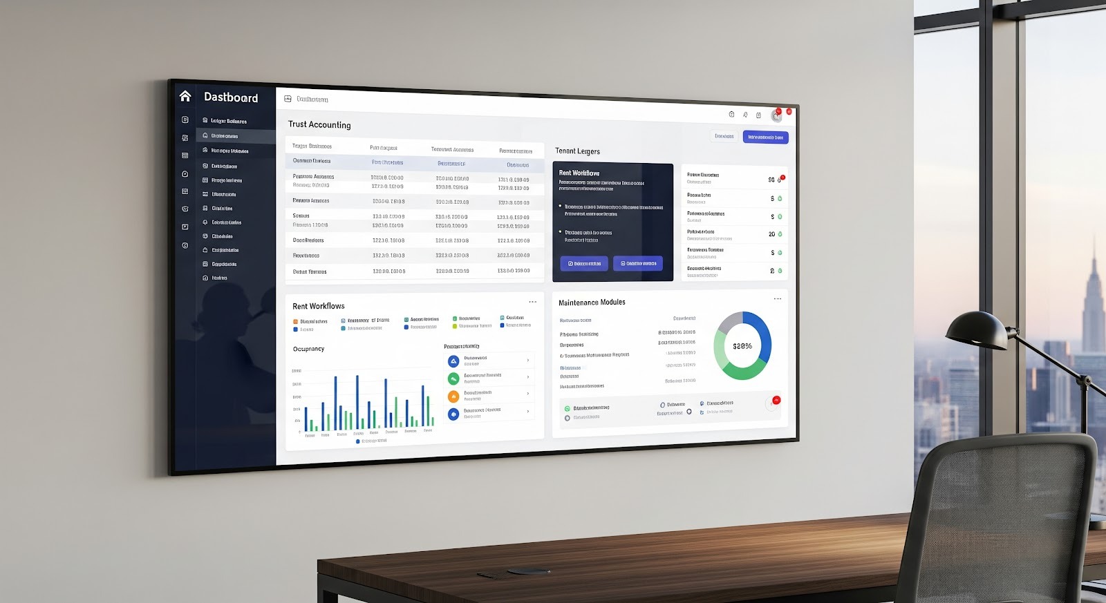 A photo of a large wall screen showing trust accounting and tenant ledger dashboards.