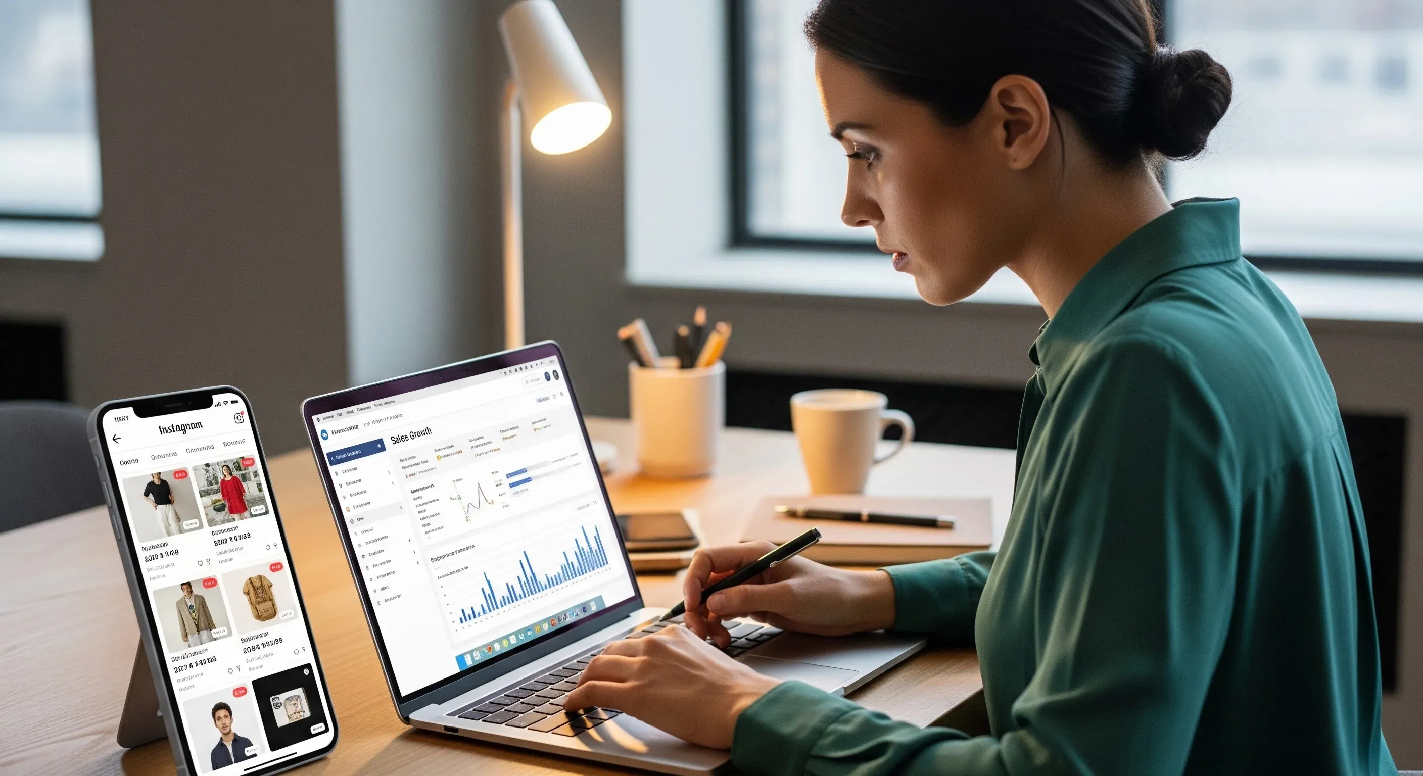 A photo of a marketer reviewing Shopify analytics while managing Instagram Shopping products on a mobile device