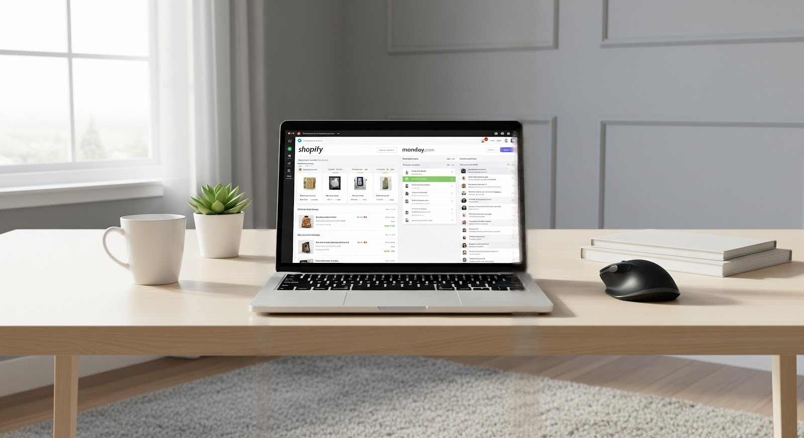 A photo of a modern desk setup with a laptop displaying Shopify and monday.com dashboards side by side.