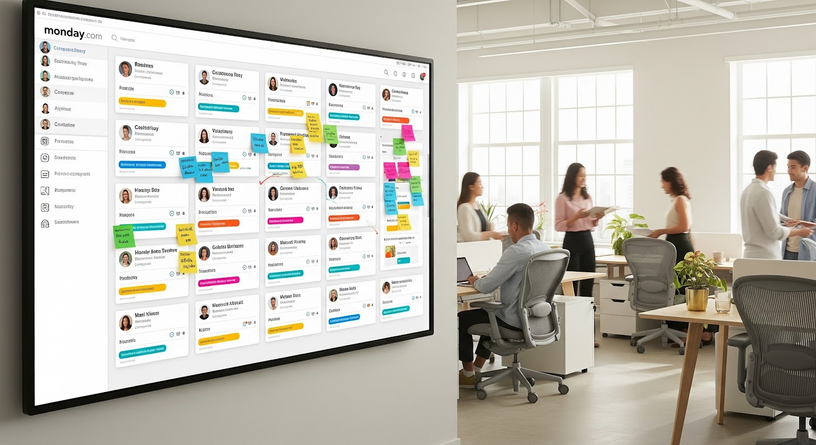 A photo of a modern office with a large wall display showing colorful Monday.com contact cards, sticky notes, and team collaboration tools while people work together nearby.