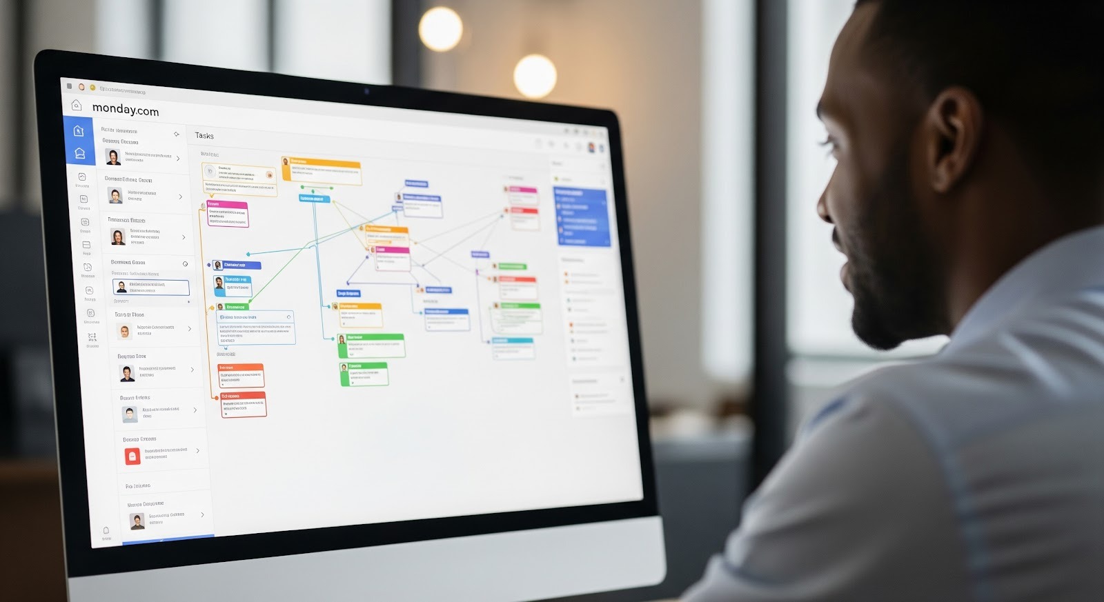 A photo of a professional viewing a Monday.com board on a desktop computer, with connected colorful task and contact cards displayed in a clear visual map for easier project tracking.