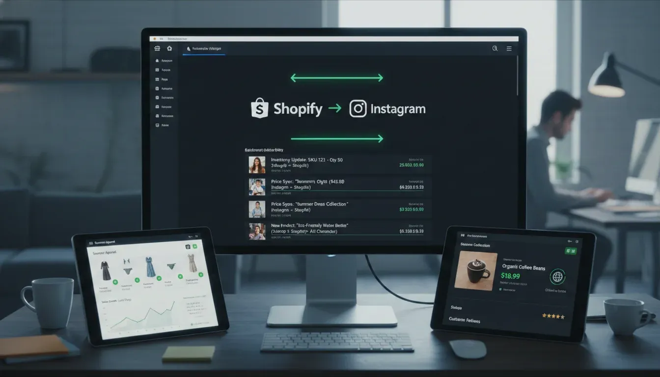 A photo of a Shopify and Instagram integration dashboard showing synced product listings across a growing online store.