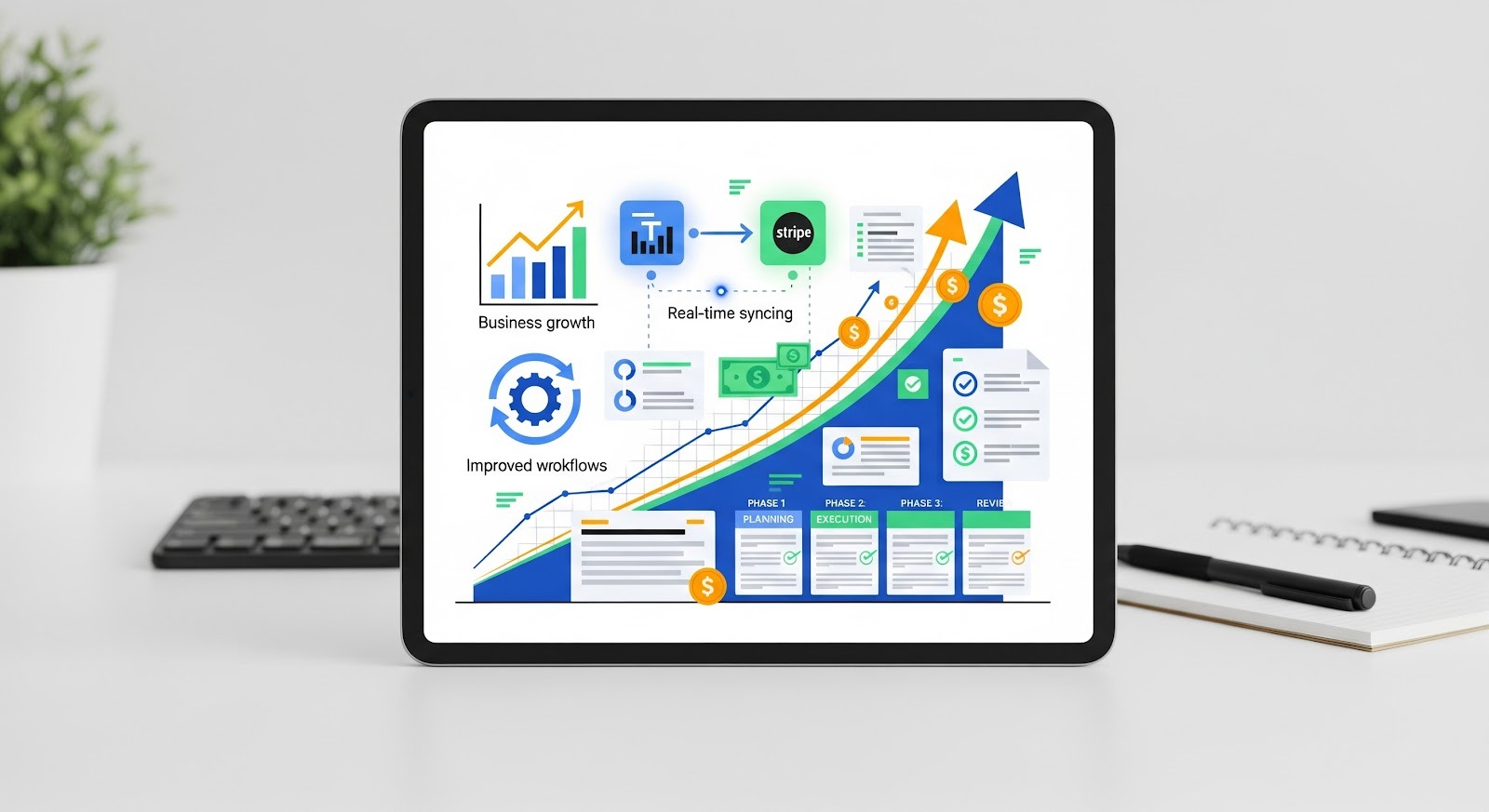 A photo of a tablet displaying charts, automation icons, and financial visuals that illustrate business growth 