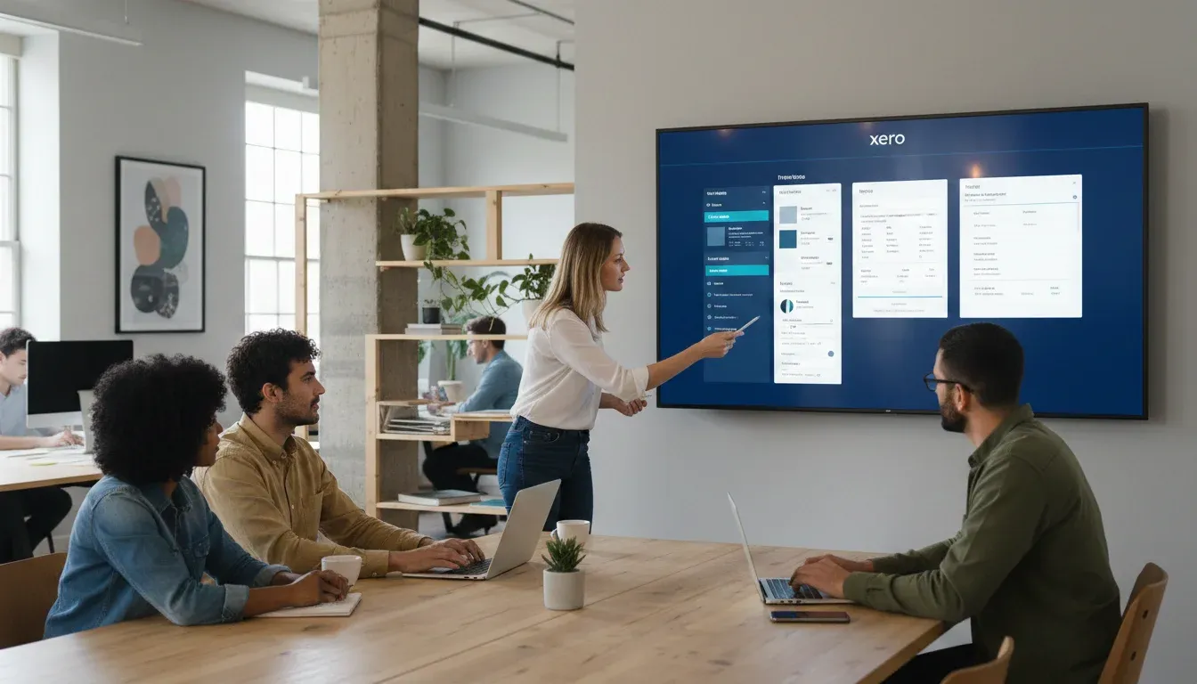 An image of a team in a modern office reviewing Xero invoice templates on a large screen during a collaborative meeting
