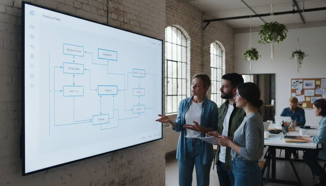 A photo of a team reviewing a digital invoice workflow diagram on a large screen to improve billing processes and automation in a modern office