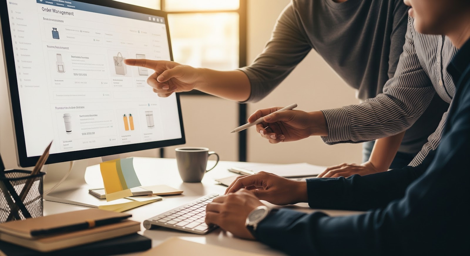 A photo of a team reviewing ecommerce orders on a screen and discussing workflow updates together.