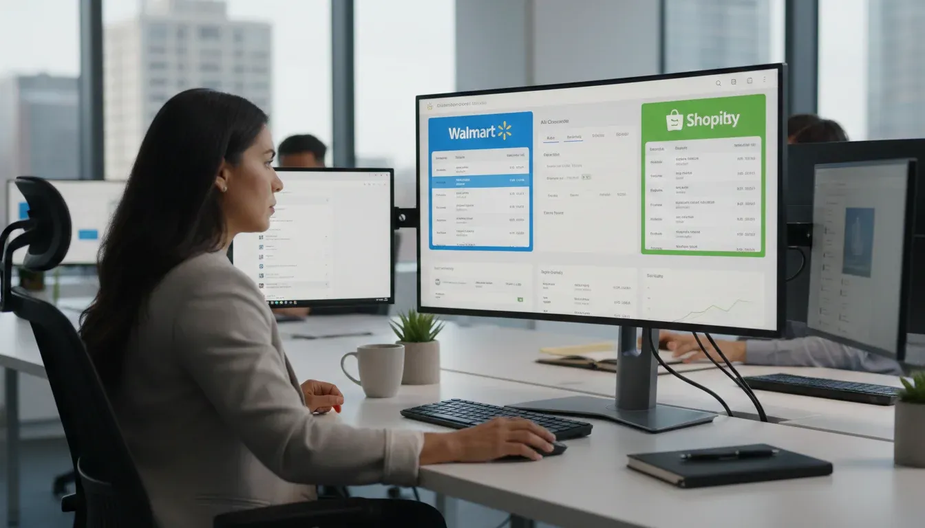 woman working with walmart marketplace shopify integration software on a desk computer 