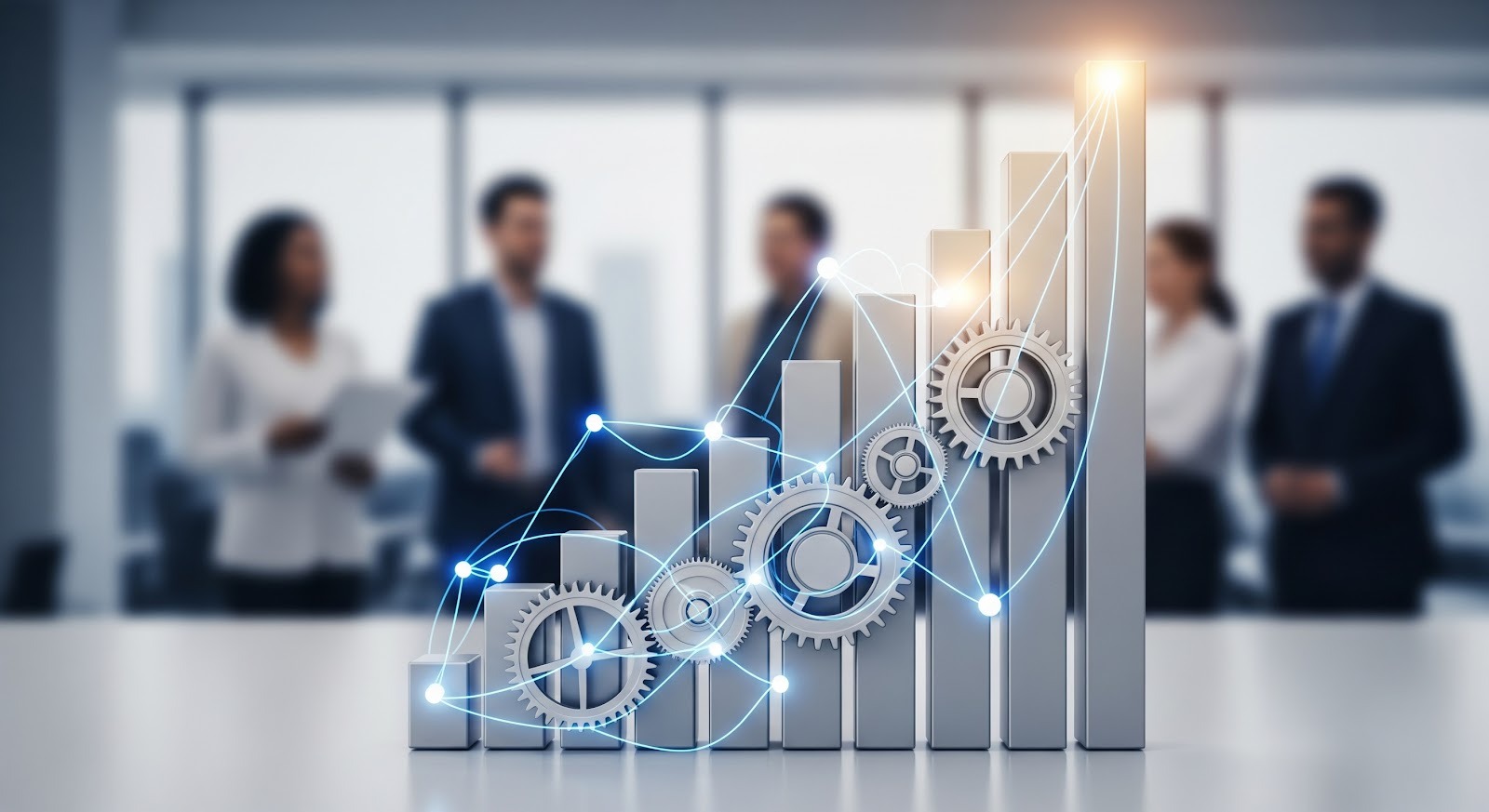 A photo of rising bar graphs with metal gears and glowing digital lines, with a blurred business team in the background.