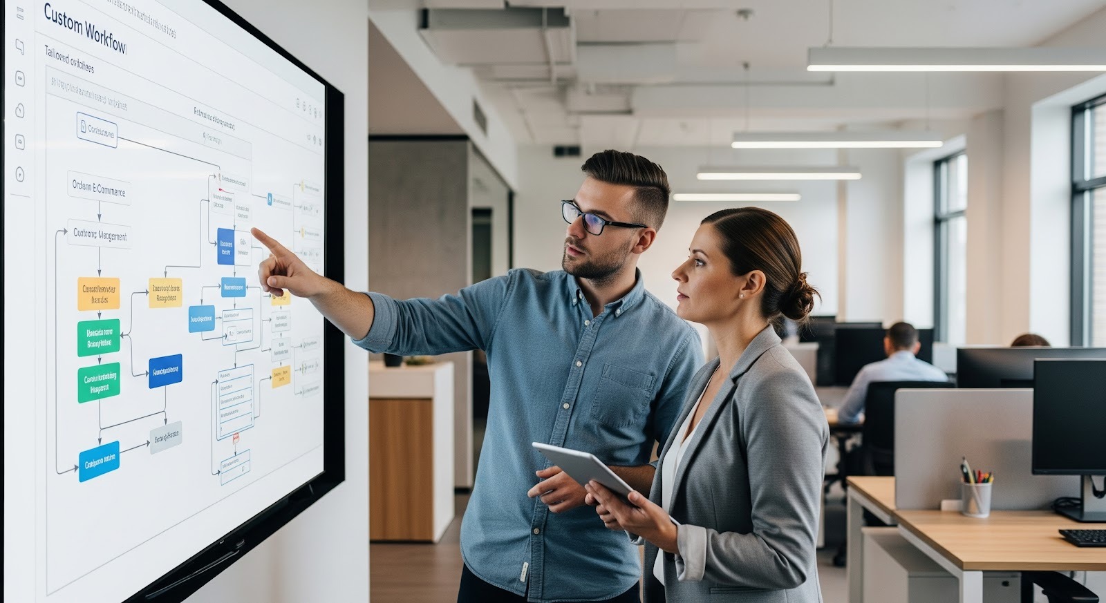 A photo of two professionals reviewing a custom e-commerce workflow diagram on a large screen.