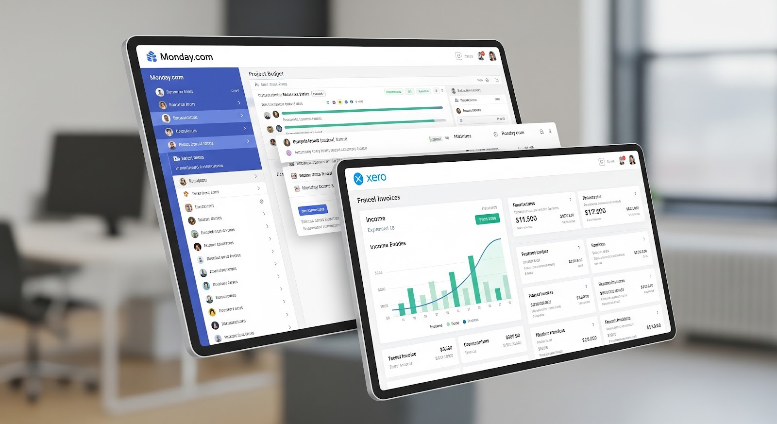 A photo of two tablets showing monday.com workflows and Xero financial dashboards.