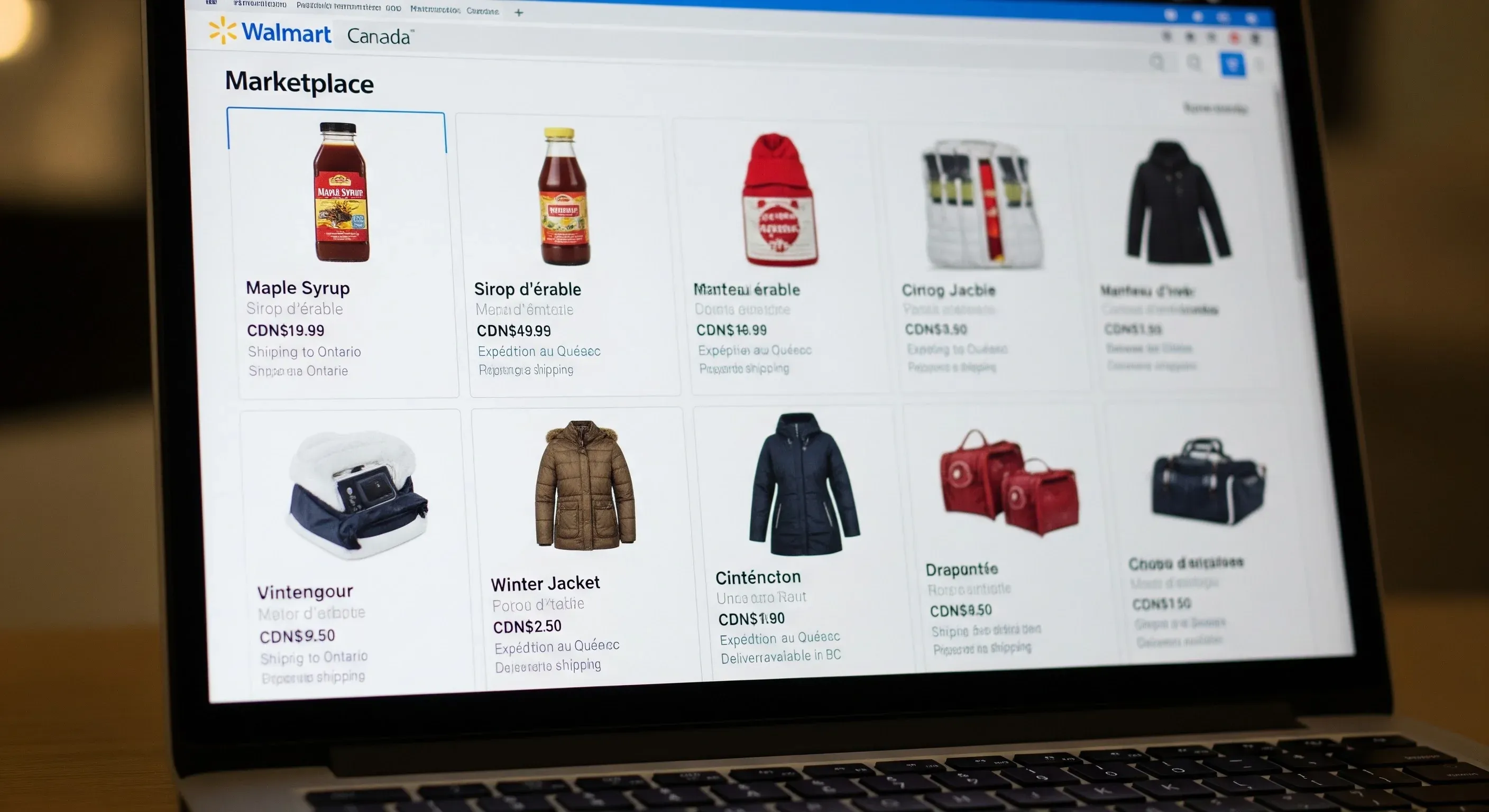 A photo of Walmart Canada Marketplace product listings displayed on a laptop screen with categorized items and pricing.