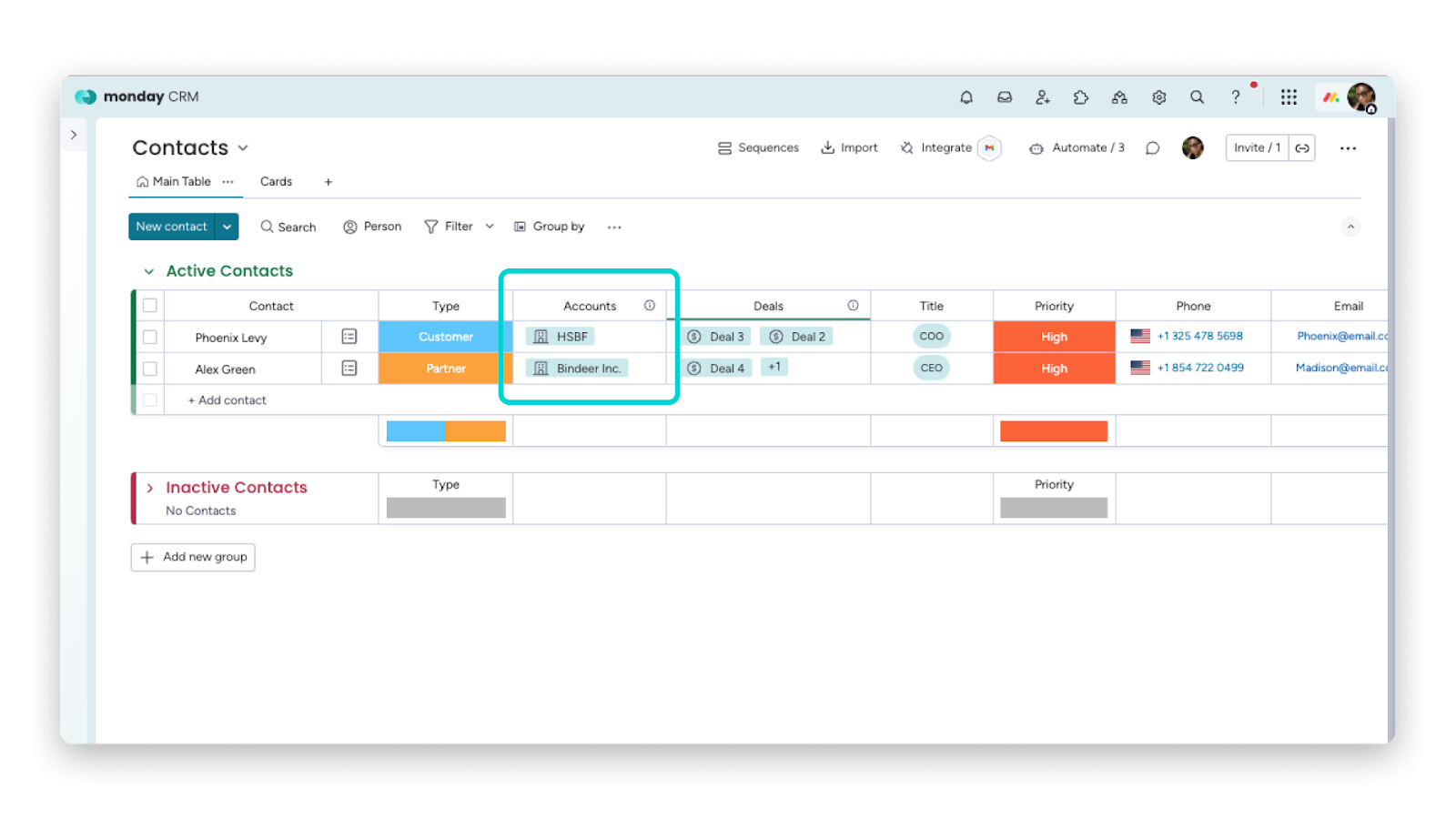 : A screenshot of Monday.com Contacts board showing active contacts linked to company accounts and deals, with highlighted account connections.