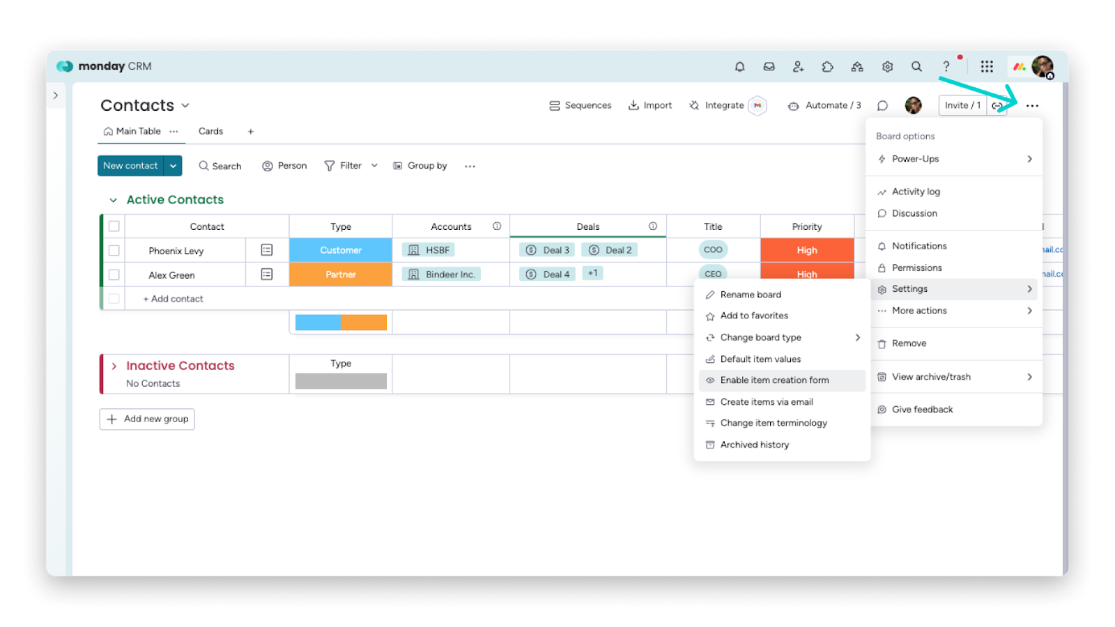 A screenshot of Monday.com contacts board showing the settings menu open, with options to enable the item creation form and customize board features.