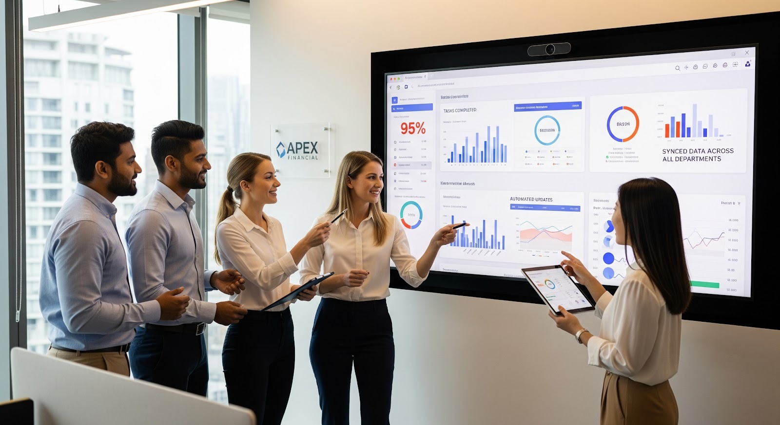 A photo of accountants collaborating in front of a large digital dashboard showing synced data, charts, and automation updates, illustrating team alignment using Monday.com and Boost Plugins.