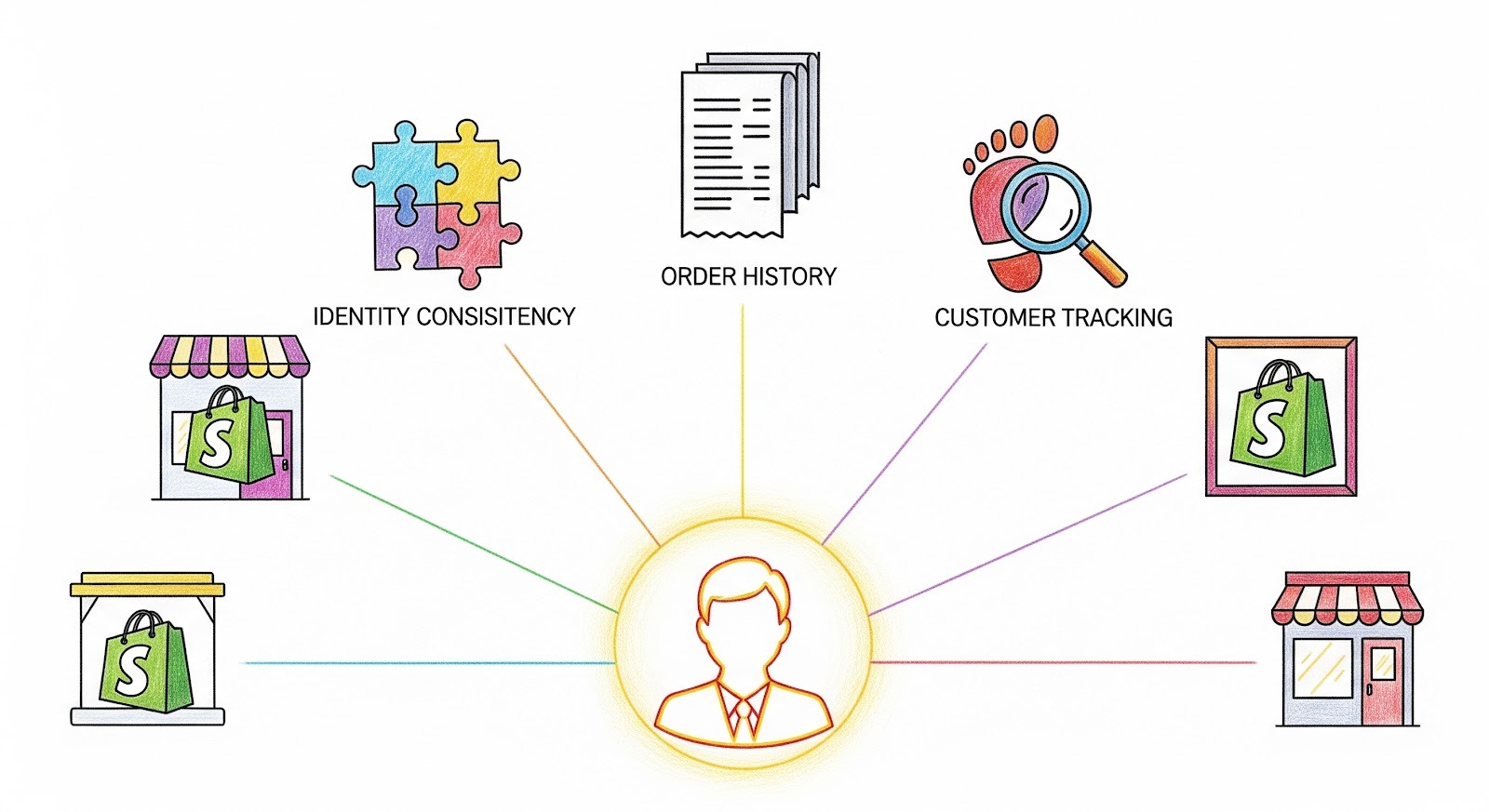 An illustration of a central customer icon connected to multiple Shopify stores with icons for identity, orders, and tracking.