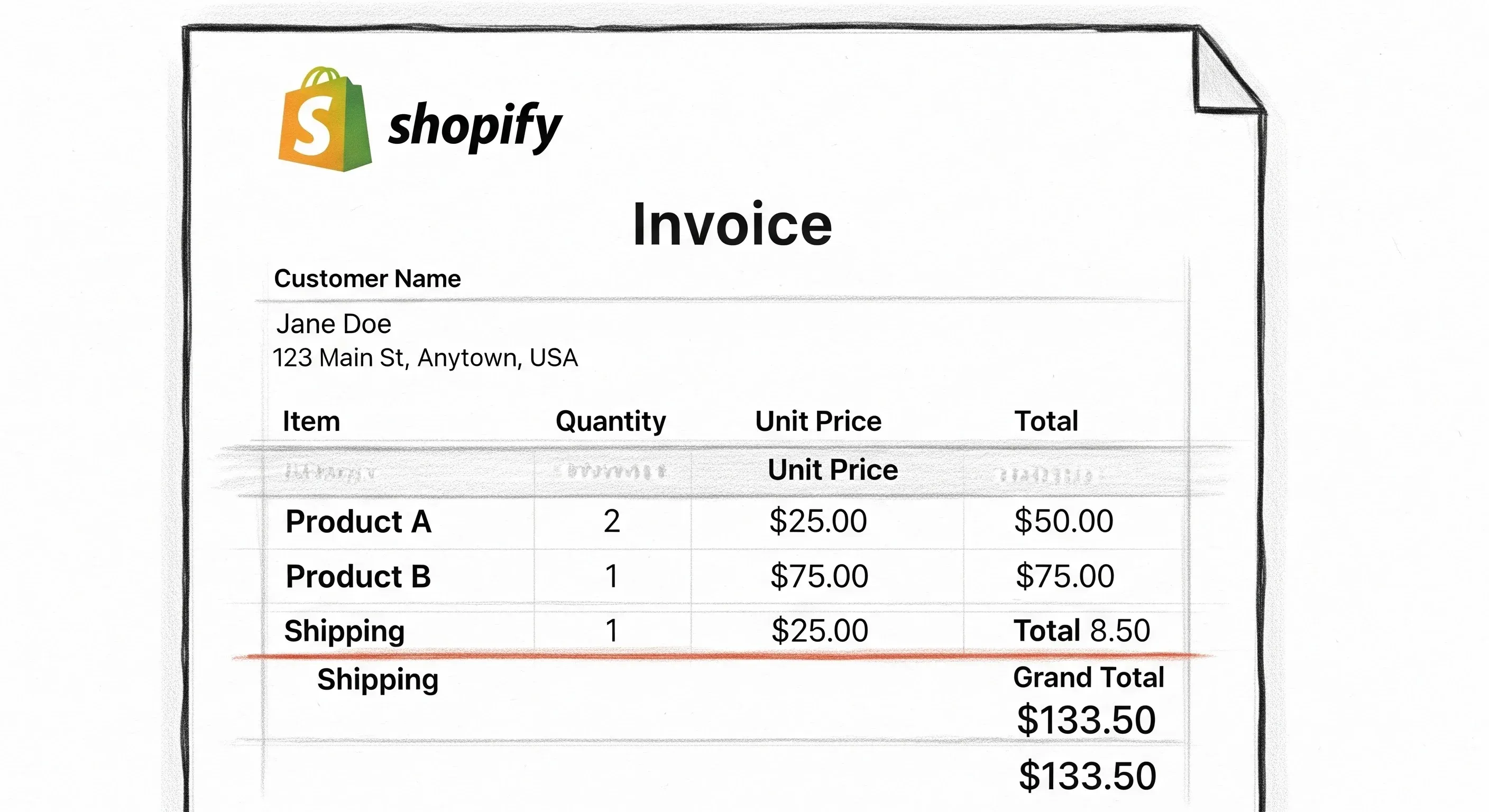 An illustration of a Shopify invoice showing customer details, products, pricing, and total payment amount.