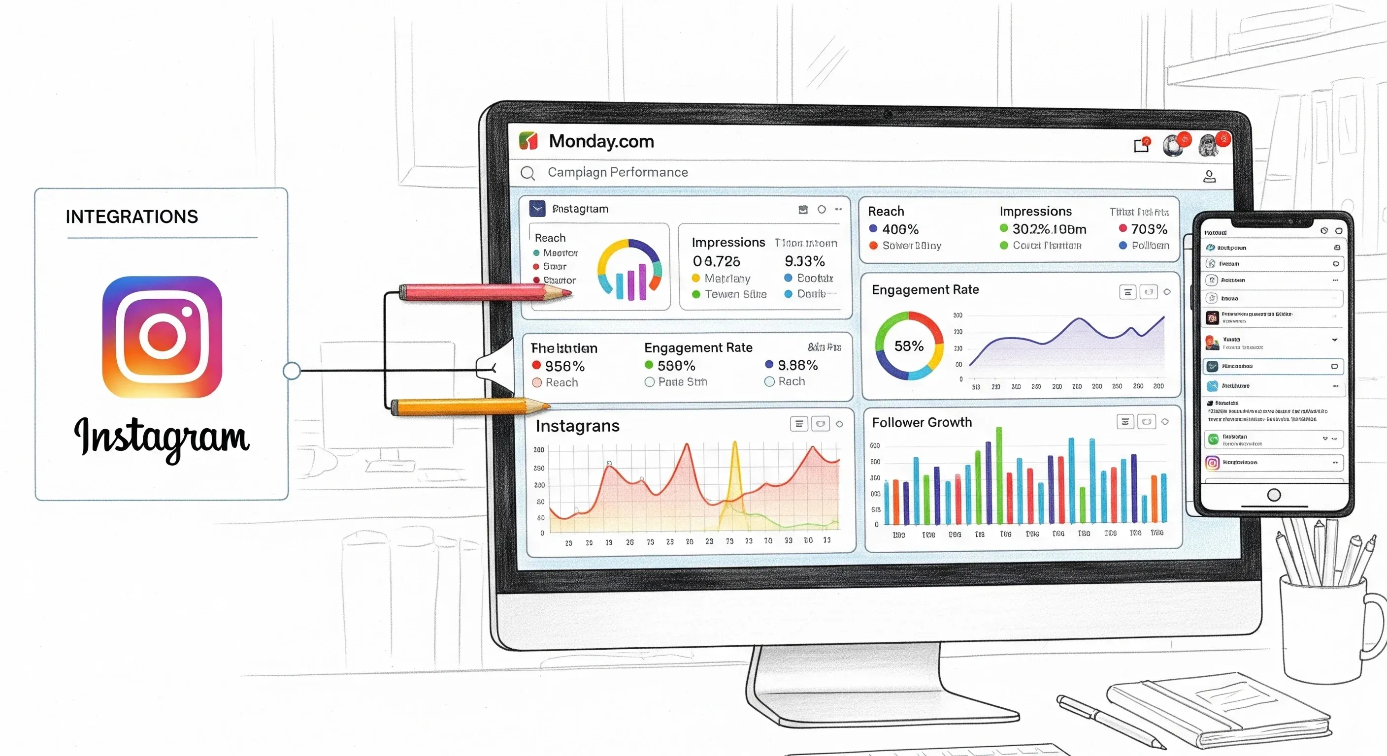An illustration of Instagram analytics integrated into Monday.com campaign reporting and workflow management during a Sync for Instagram to Monday.com integration.