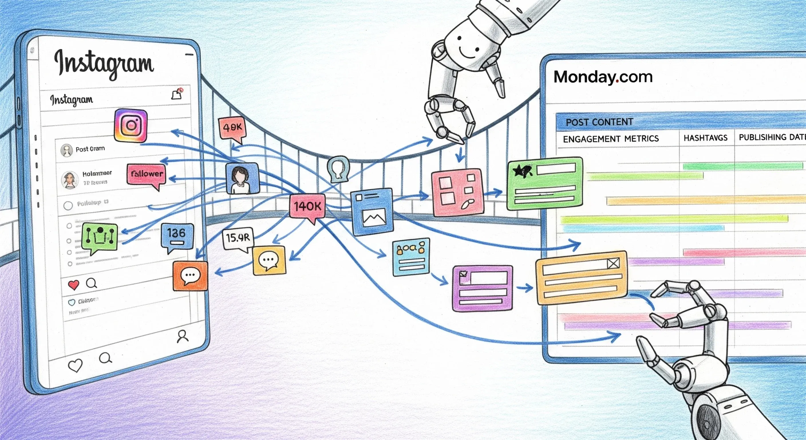 An illustration of Instagram data flowing into Monday.com boards during an Instagram Monday.com integration.