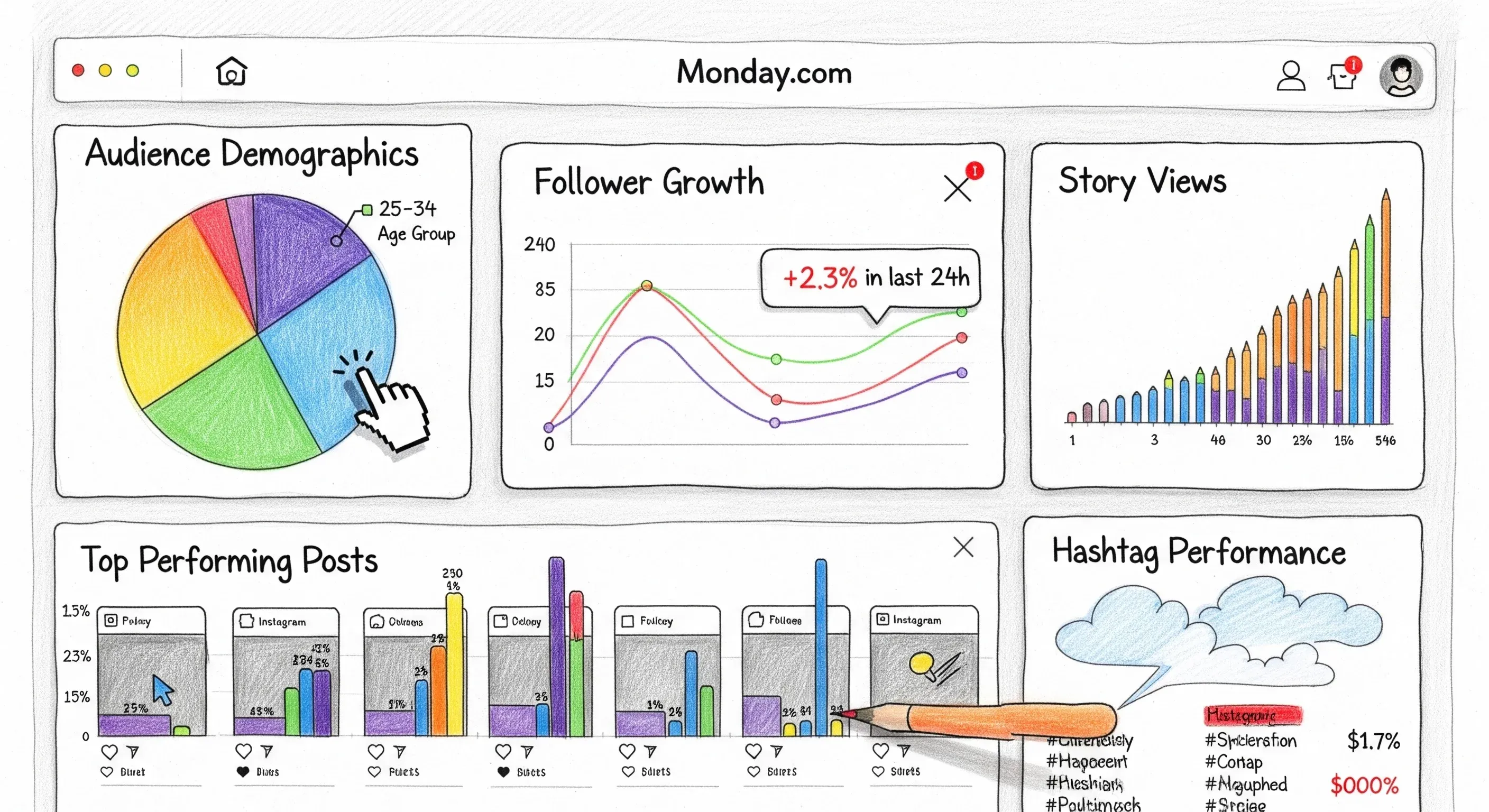 An illustration of Monday.com analytics dashboards displaying Instagram audience growth and content performance metrics.
