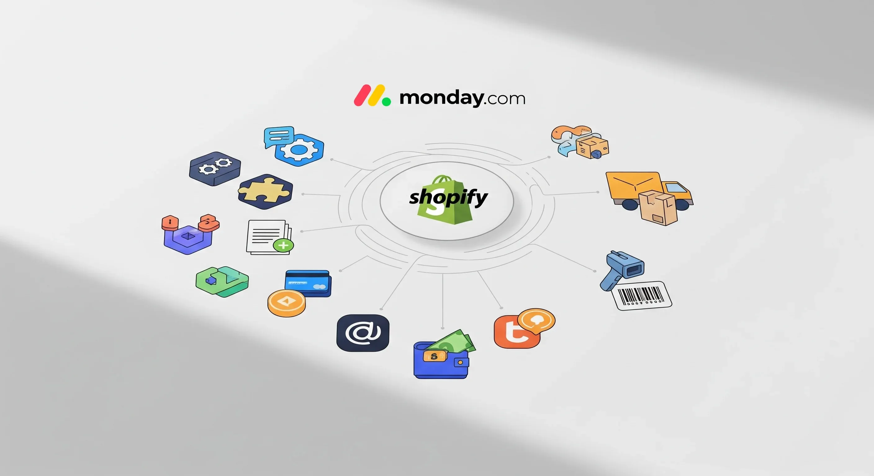 An illustration of Shopify at the center connected to multiple tools, including payments, shipping, and monday.com.