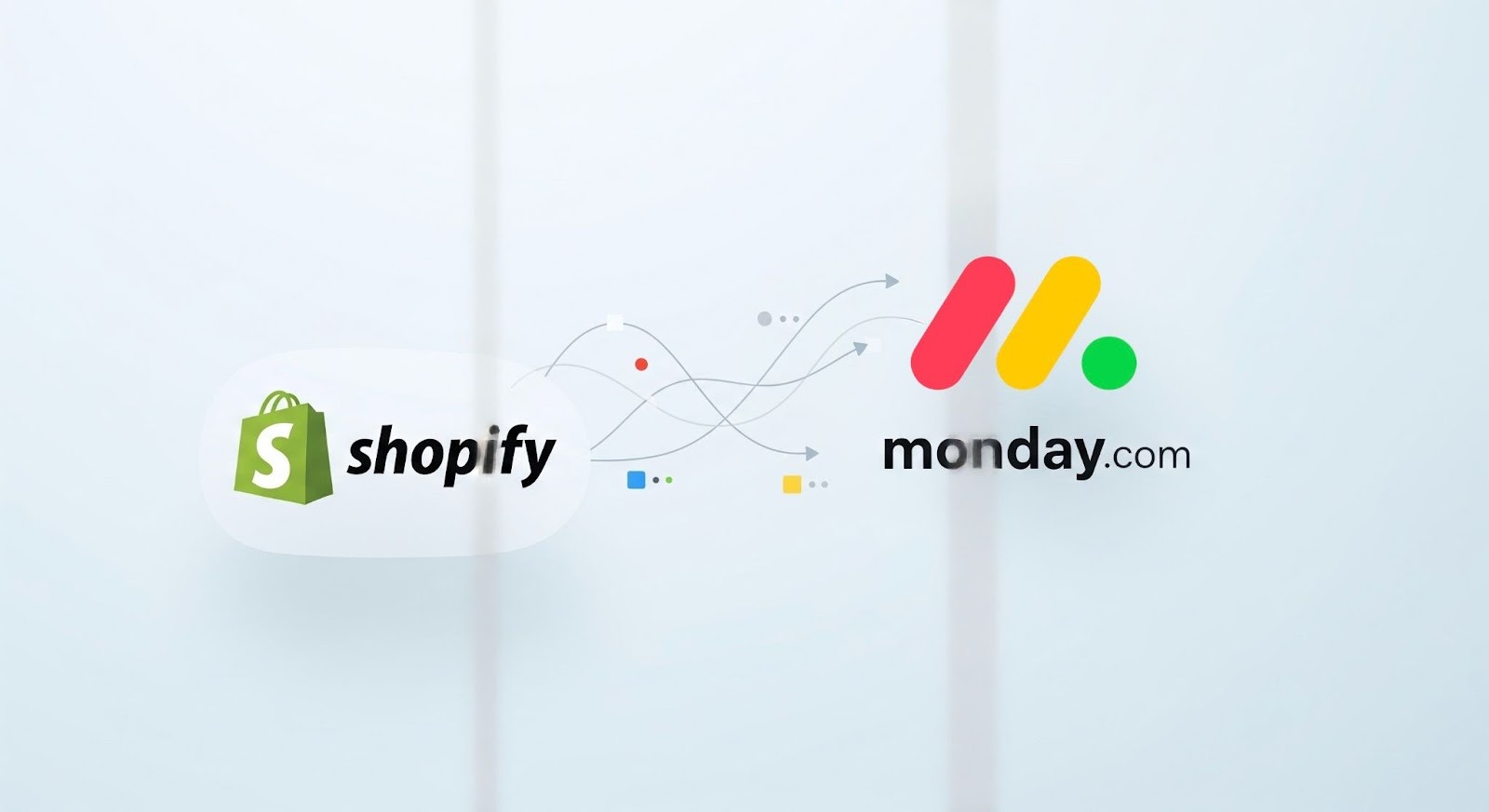 An illustration showing Shopify and monday.com logos connected by flowing data lines to represent a seamless integration.
