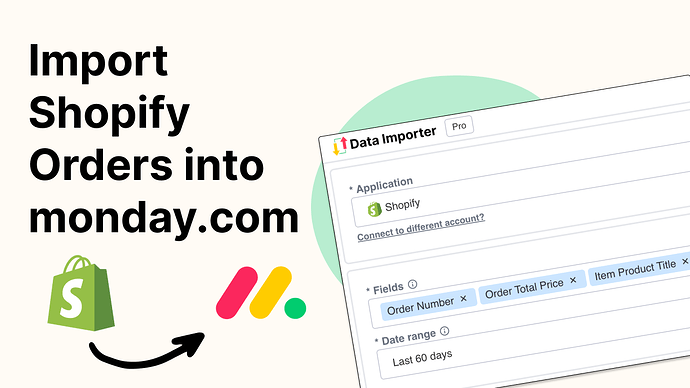 An illustration showing Shopify orders being imported into monday.com using a data importer interface.