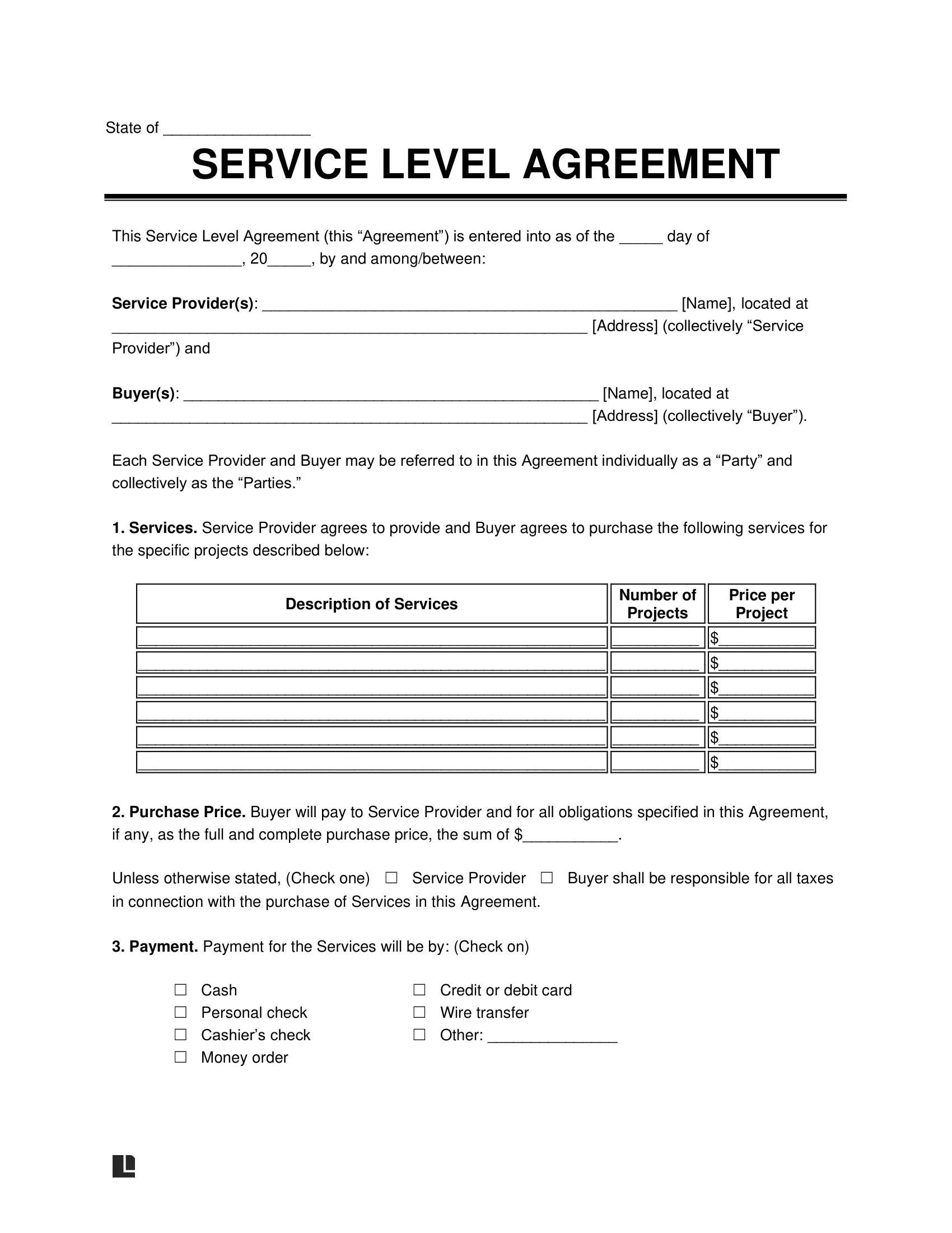 An image of a blank service level agreement document template showing sections for service provider and buyer details, service descriptions, pricing, and payment terms.