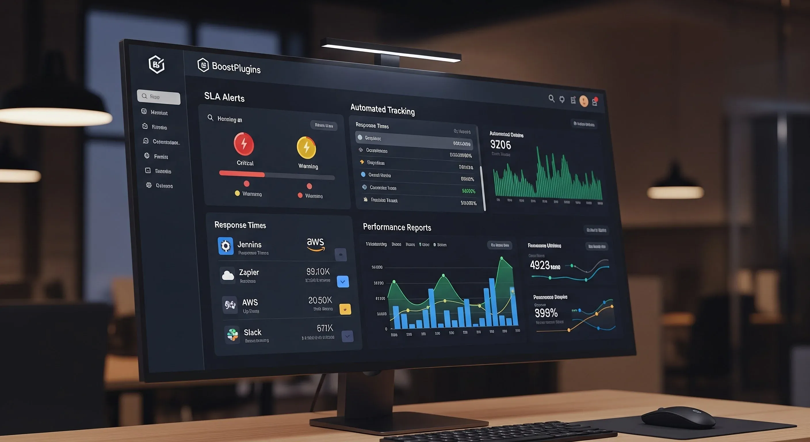 An image of a BoostPlugins SLA monitoring dashboard displaying automated tracking, response times, alerts, and performance reports across integrated tools.