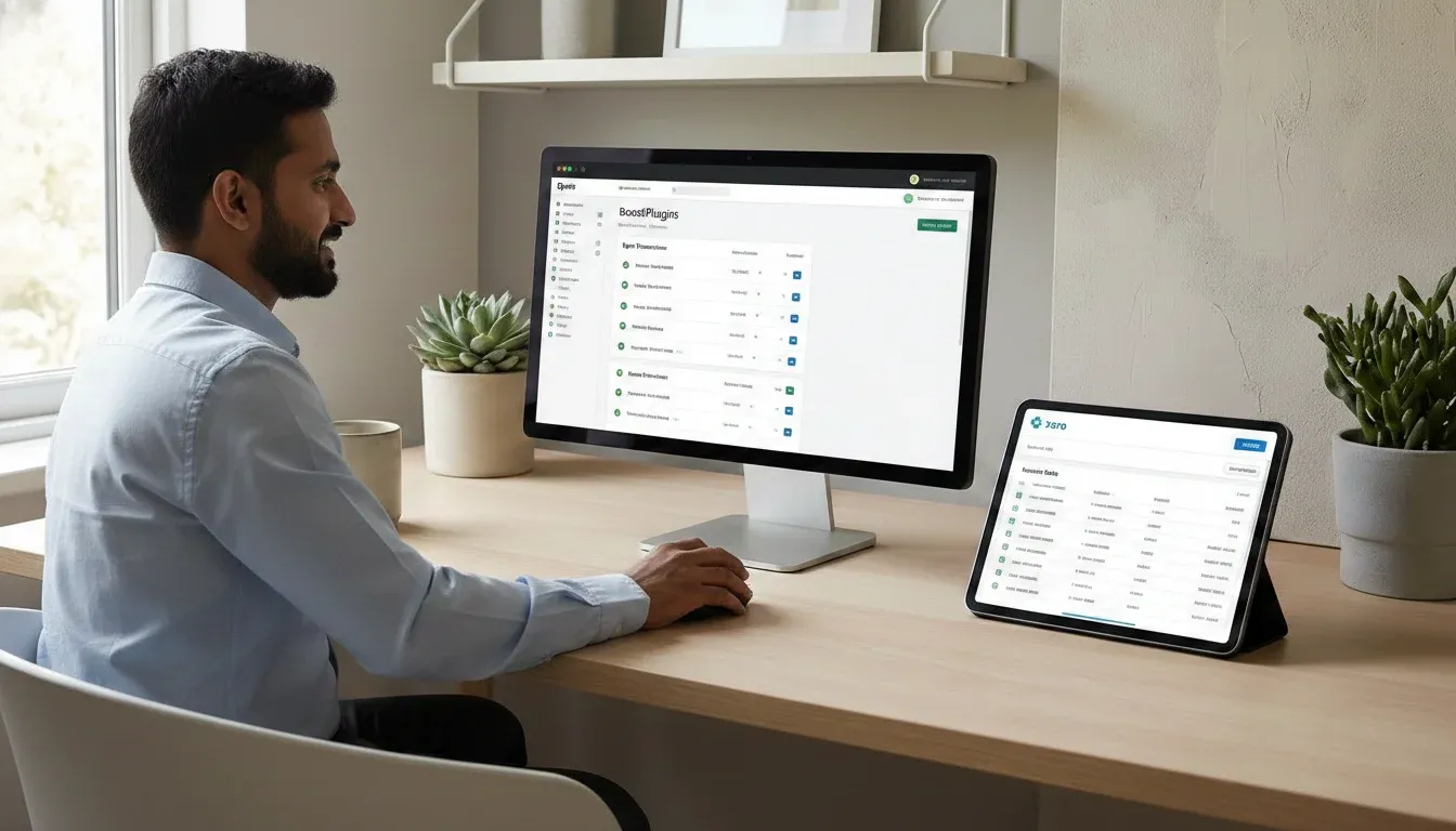 An image of a business owner using BoostPlugins on a desktop while reviewing Xero data on a tablet to manage e-commerce accounting.