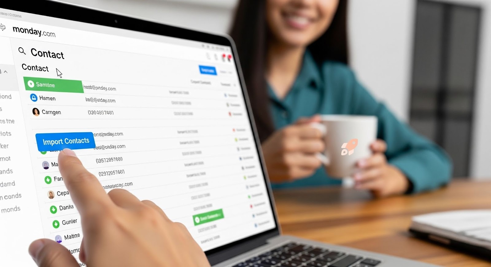 An image of a customer service representative from Boost Plugins smiling with a coffee cup while a user clicks the “Import Contacts” button on a Monday.com screen