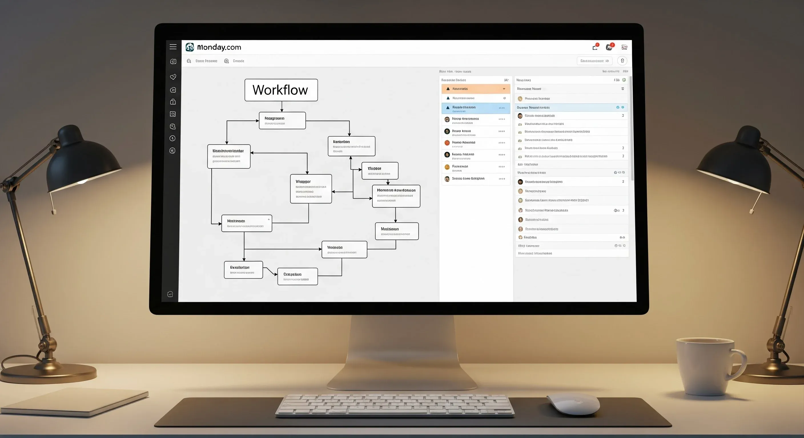 An image of a Monday.com workflow diagram showing triggers and actions.