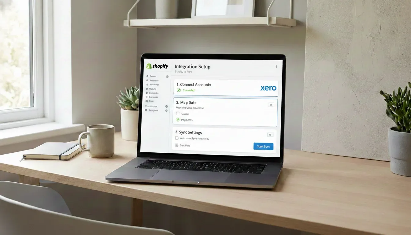 An image of a Shopify and Xero integration setup screen showing account connection, data mapping, and sync settings.