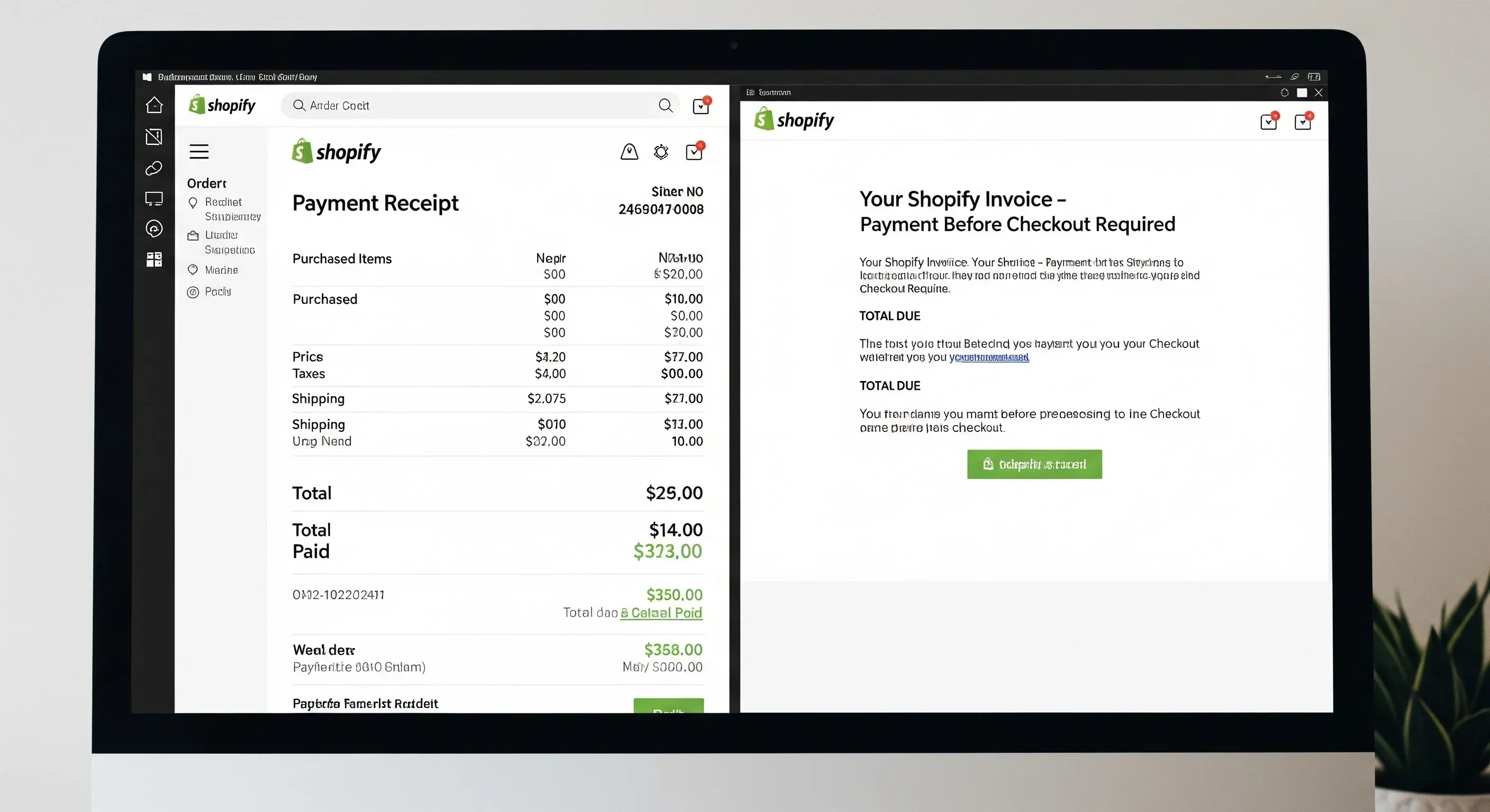 An image of a Shopify payment receipt and invoice request displayed side by side on a desktop screen.