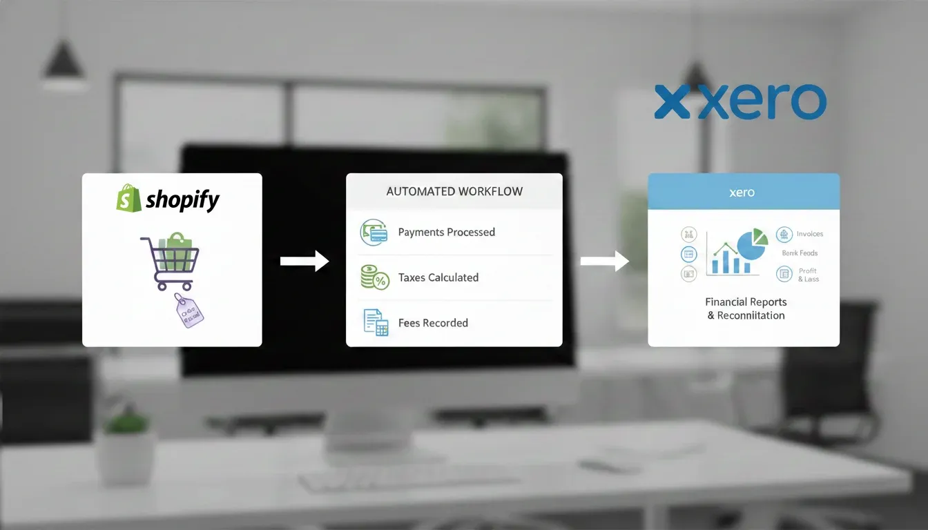 An image of a Shopify to Xero integration workflow showing automated syncing of payments, taxes, and financial data